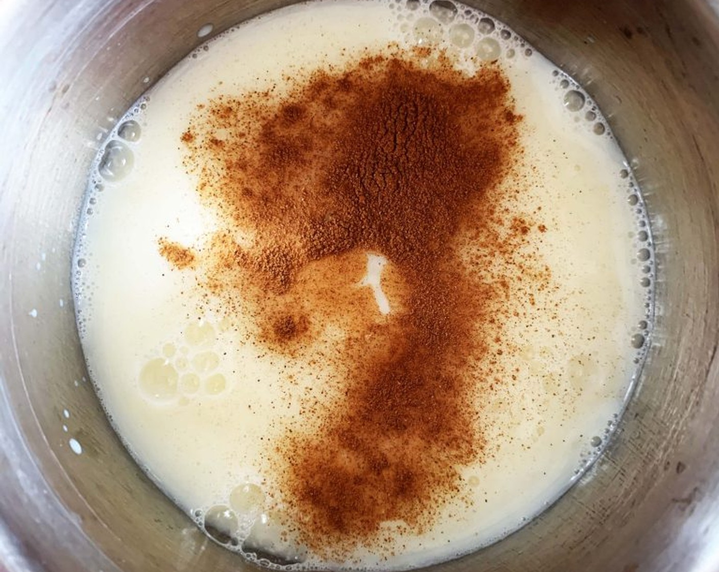 step 1 In a saucepan bring Milk (1/3 cup), Egg (1/2 cup), Agar-Agar Powder (1/2 tsp), Ground Cinnamon (1 dash), and Granulated Erythritol (1 1/2 Tbsp) to a boil.