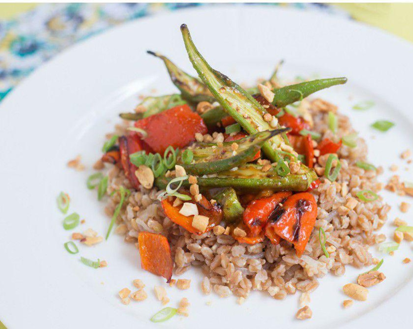 Roasted Okra & Peppers with Peanut Vinaigrette Over Farro