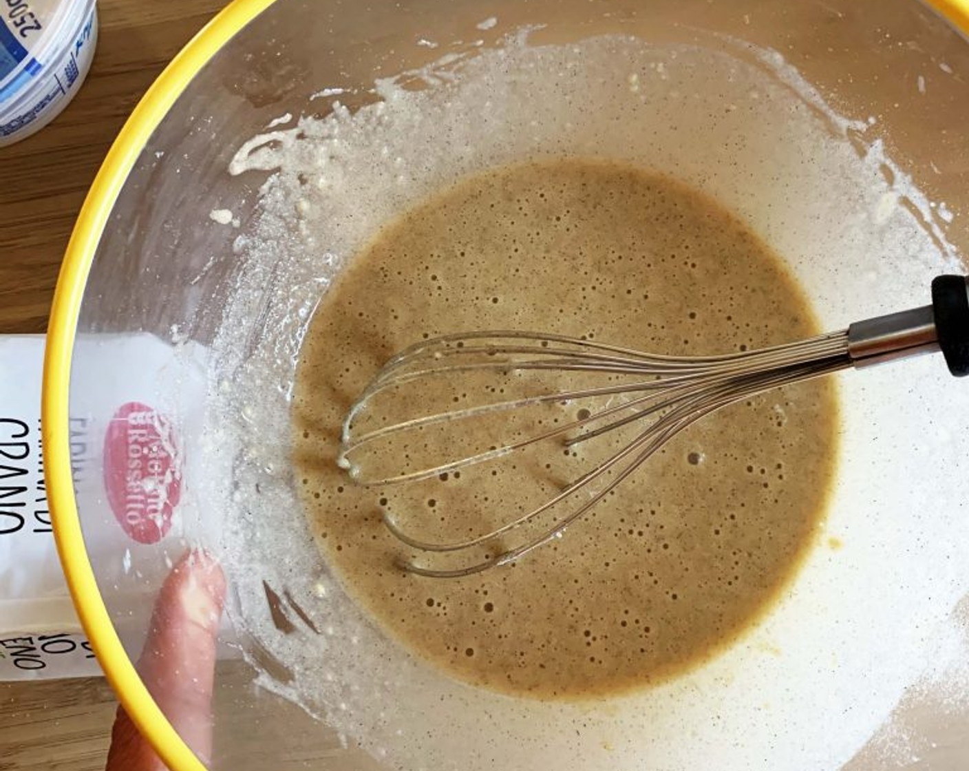 step 2 For the base whisk Egg (1) and Granulated Erythritol (3 Tbsp), add the Orgeat Almond Syrup (0.5 oz), Oil (0.5 oz), Unsweetened Almond Milk (1 oz), and mix until ingredients are well combined. Sift in Almond Flour (1/4 cup), Buckwheat Flour (3 Tbsp), Salt (1 pinch), and Baking Powder (1 1/4 tsp).