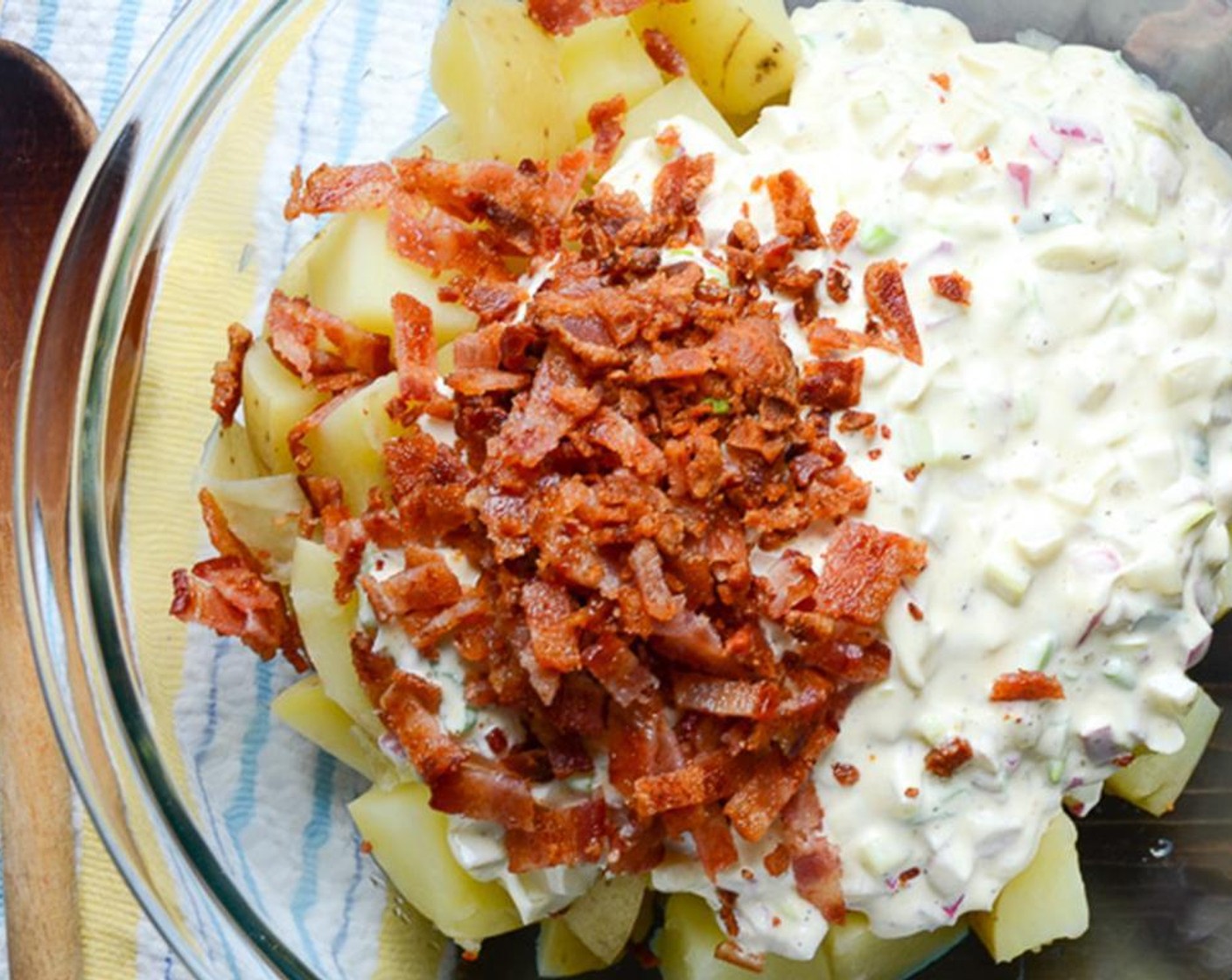 step 8 Chop or crumble the cooked bacon. Add the bacon and dressing to the potatoes and toss gently.