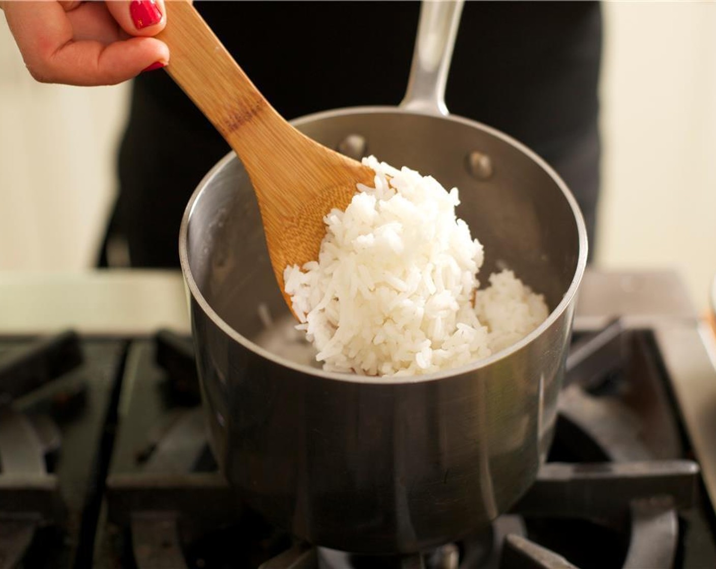 step 3 In a medium saucepan, add 1 cup of water and the Jasmine Rice (2/3 cup) and bring to a boil over medium high heat. Stir once, then cover and reduce heat to low and simmer for 10 minutes. Remove from heat, fluff rice and hold until plating.