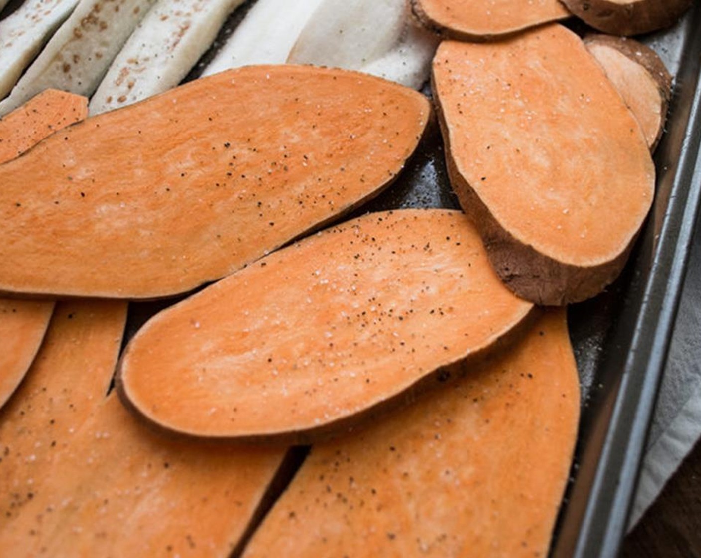 step 4 Slice Japanese Eggplants (2), Zucchini (3), and Sweet Potato (1) into thin layers.