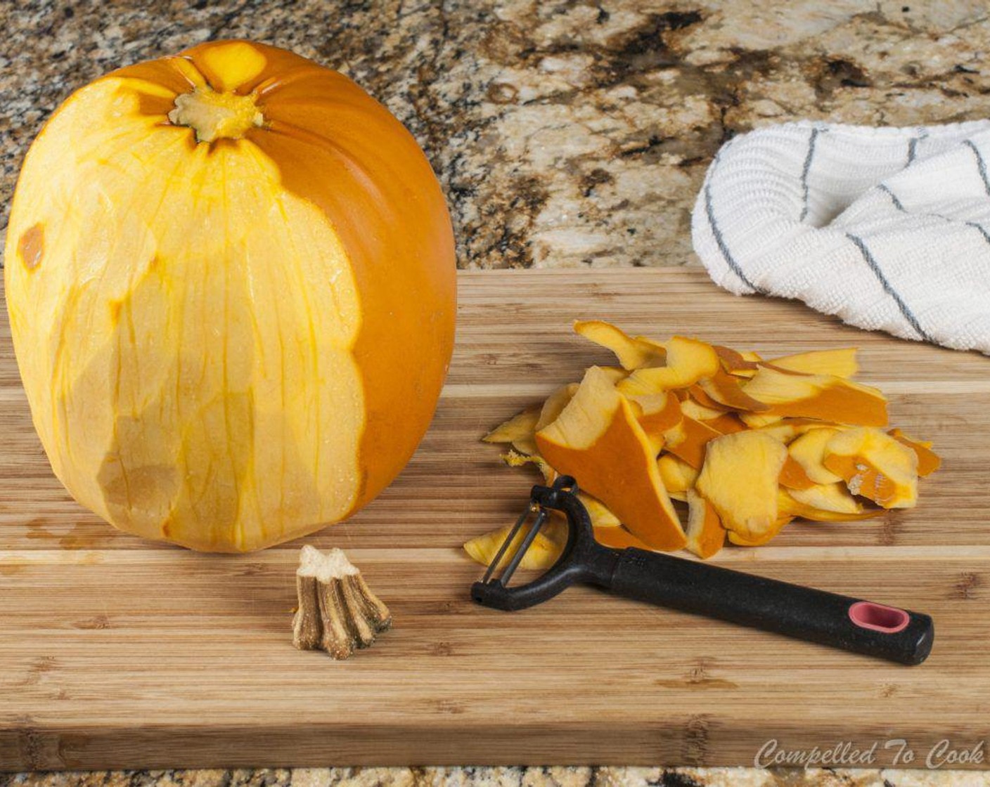 step 2 Peel Pumpkins (11 3/4 cups) using a vegetable peeler and cut off stem.