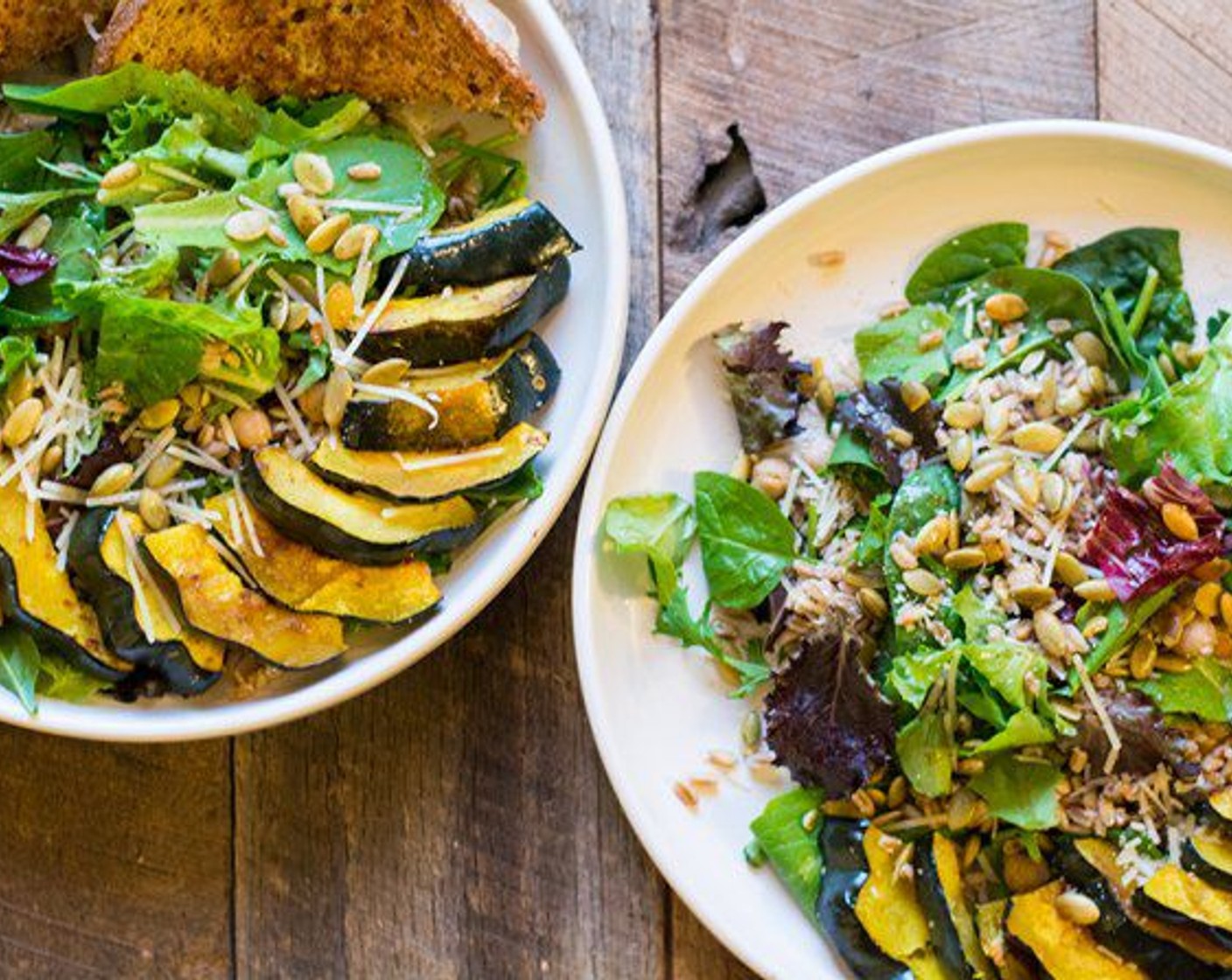 step 7 Prepare plates with Salad Greens (4 cups). Add farro, Parmesan Cheese (2 Tbsp), Pepitas (2 Tbsp), Canned Chickpeas (1/4 cup), and Balsamic Vinaigrette (2 Tbsp) then top with roasted acorn squash. Eat!