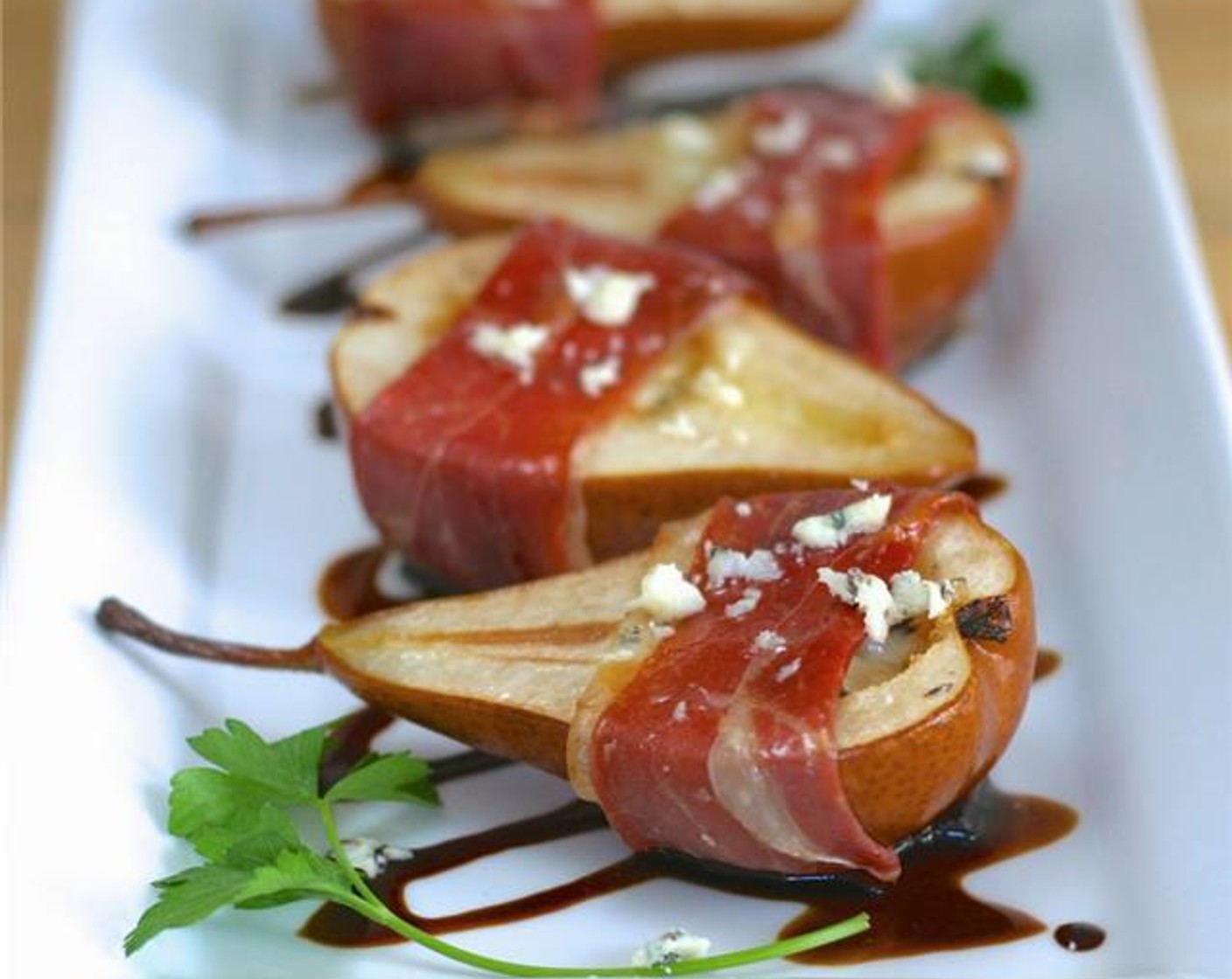 Blue Cheese Stuffed Bosc Pears with Balsamic Glaze