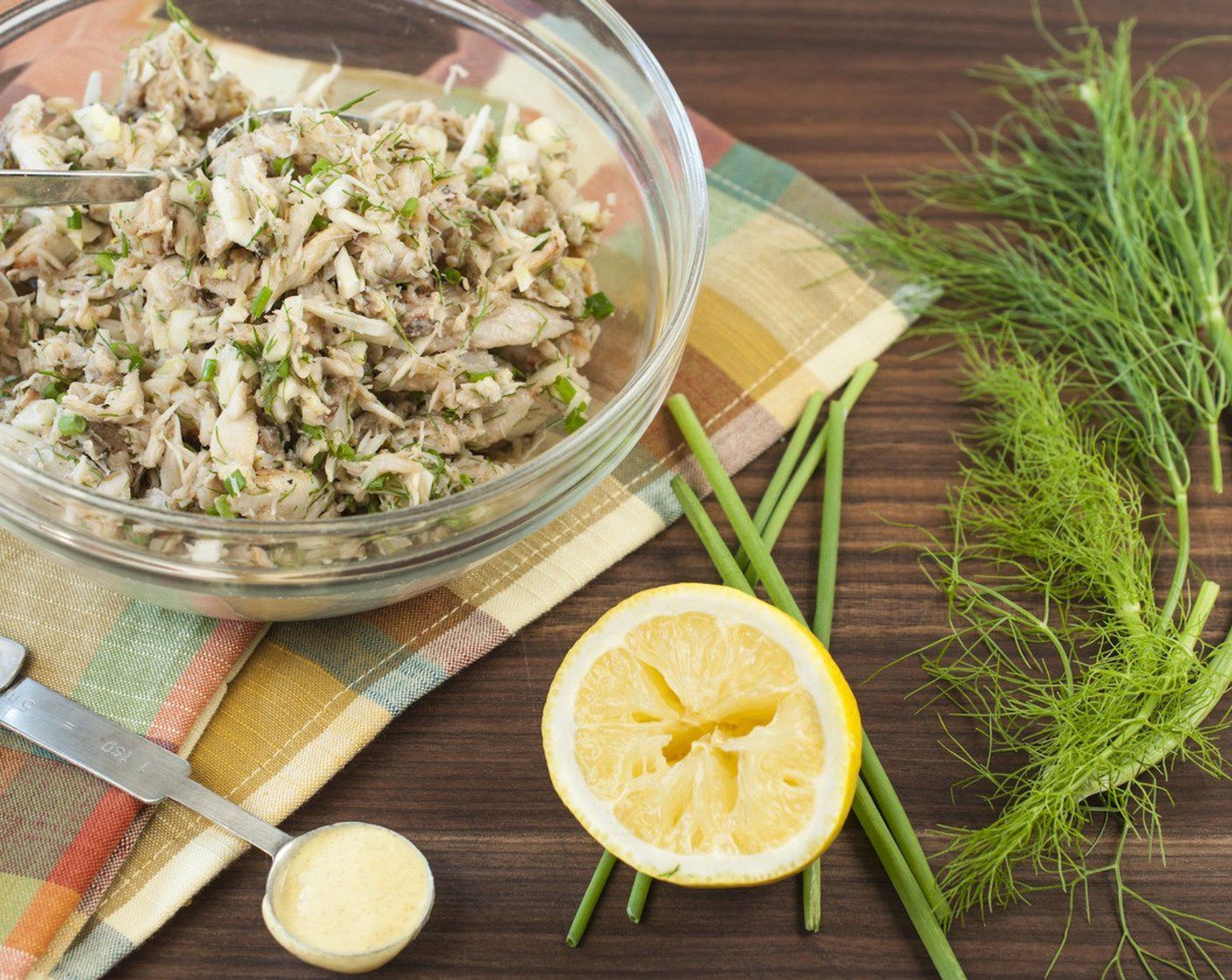 step 5 Gently stir together Lump Crab Meat (1 cup), Fresh Chives (2 Tbsp), Fennel Leaves (2 Tbsp), Fennel Bulb (1/4 cup), juice from Lemon (1), Dijon Mustard (1/2 Tbsp), Salt (to taste) and Ground Black Pepper (to taste). Cover and keep chilled until ready to use. Can be made up to several hours ahead.