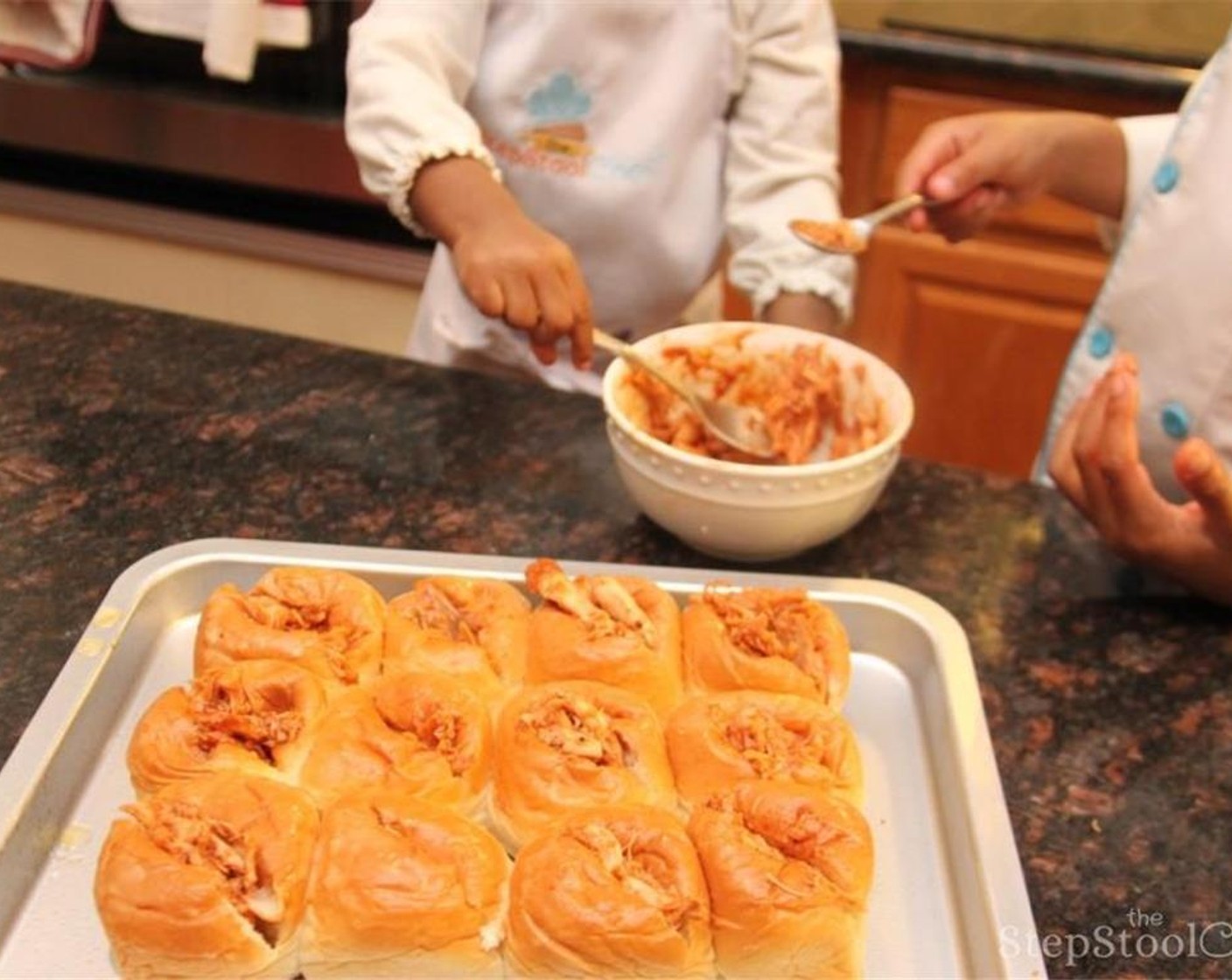 step 5 Fill each pull apart dinner roll with the barbecue rotisserie chicken mixture.