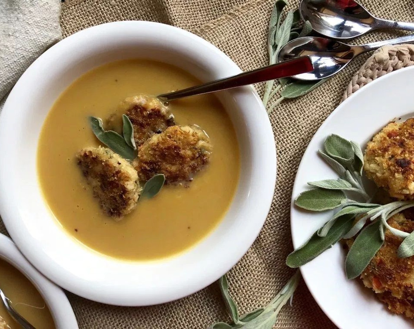 step 12 Reheat soup. Divide evenly among 4-6 bowls; top with the desired number of croquettes. Garnish with Sage Leaves (to taste) if using.