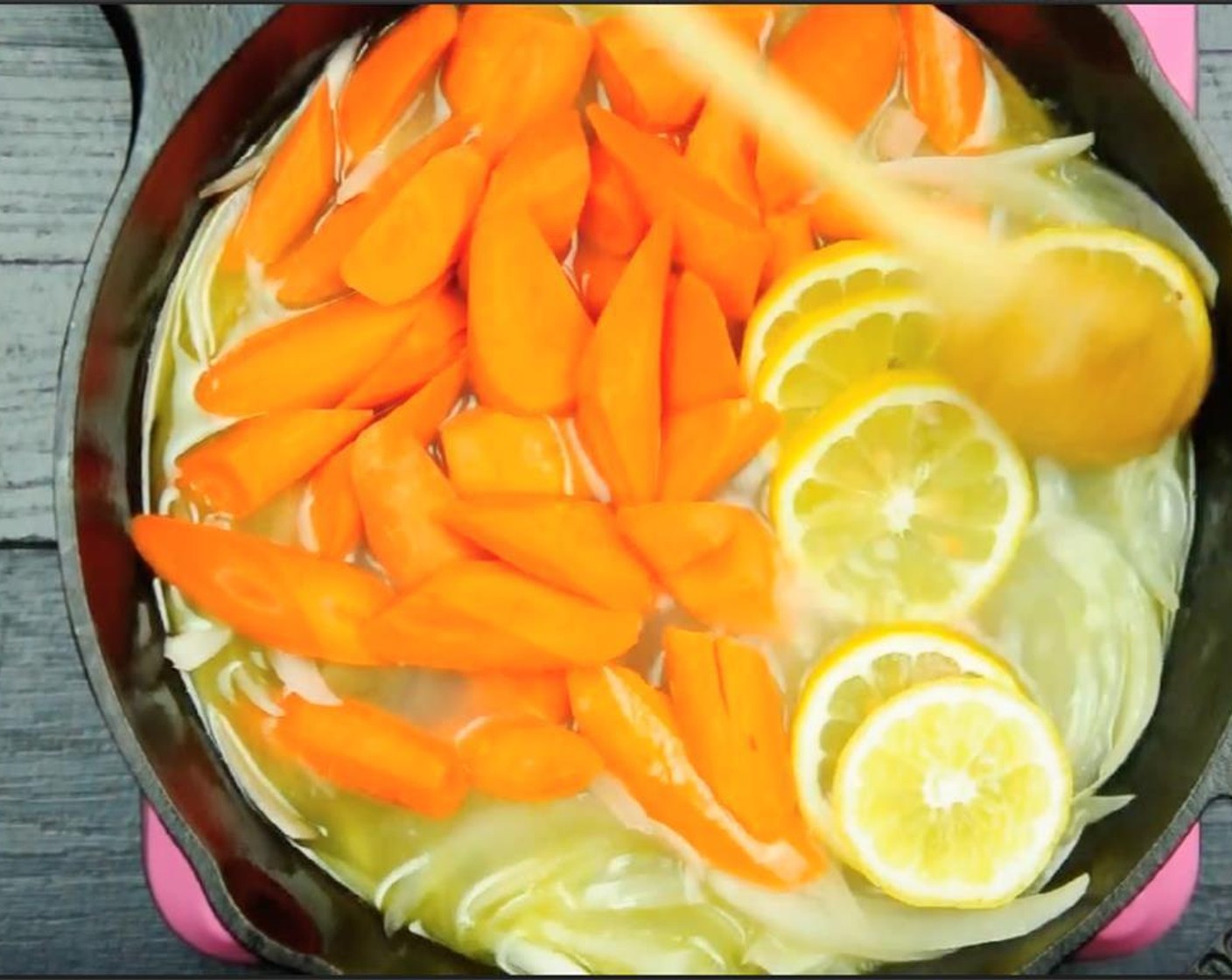 step 5 Stir in White Wine (1/2 cup) and cook until evaporates, about 3-4 minutes. Add Chicken Broth (1 cup) Carrots (6), Lemon (1). Stir well and place the seasoned chicken on top.