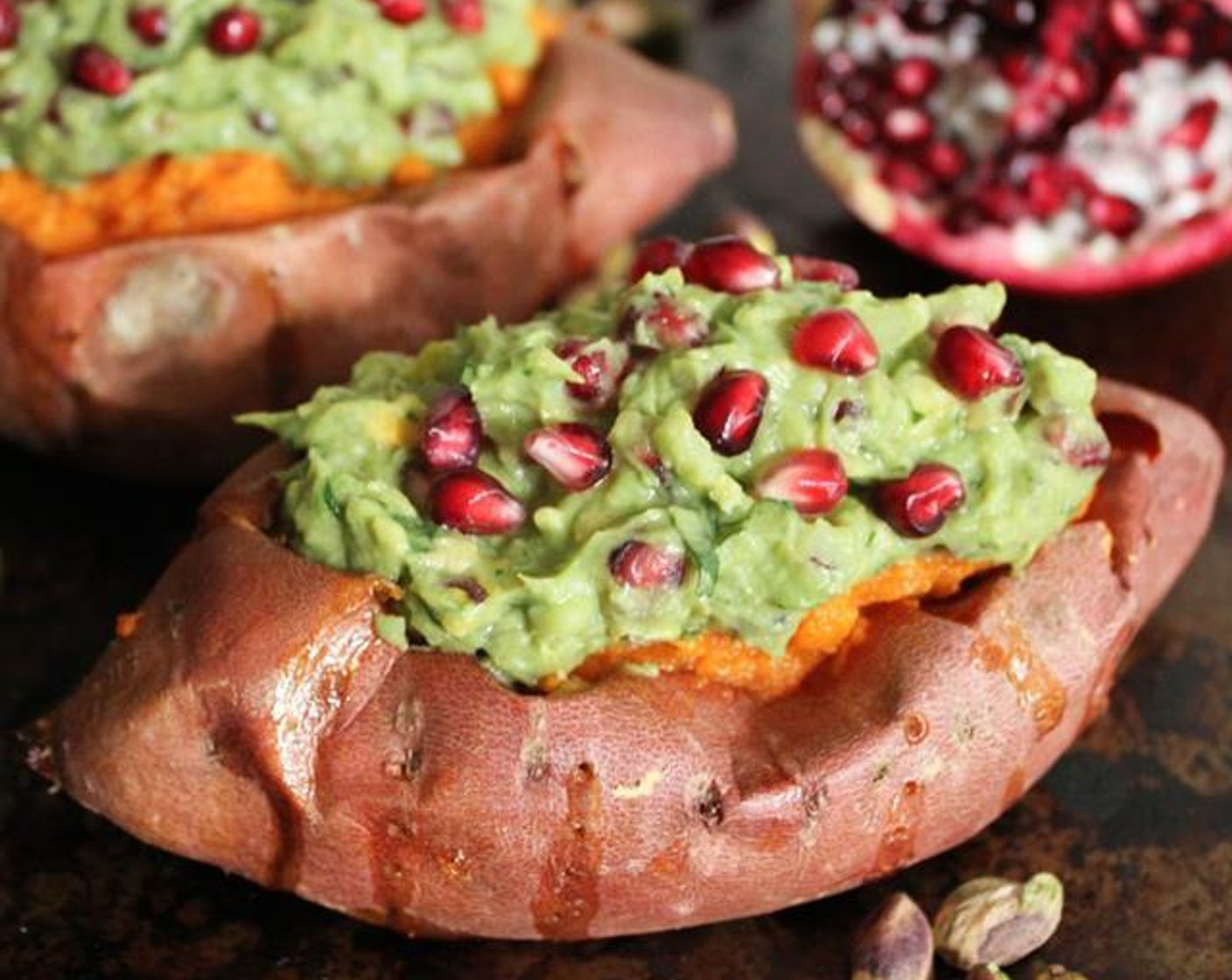 Chipotle Mashed Sweet Potatoes with Pomegranate-Pistachio Guacamole