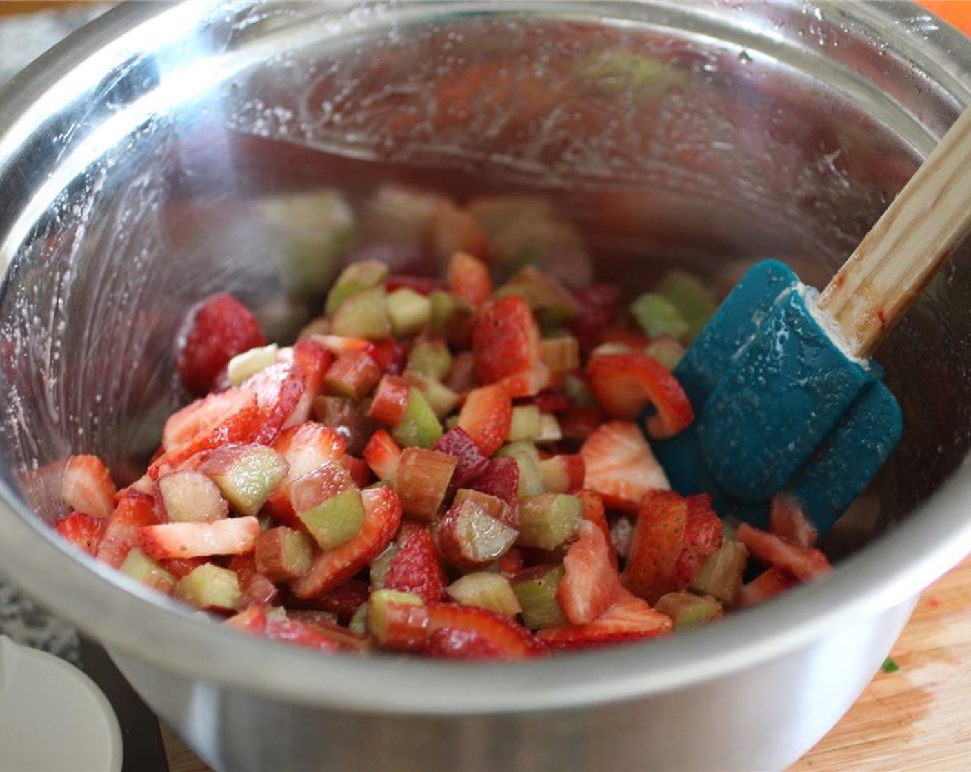 step 2 Chop the Rhubarb (2 1/2 cups) and Fresh Strawberries (3 cups) and place in a large bowl.