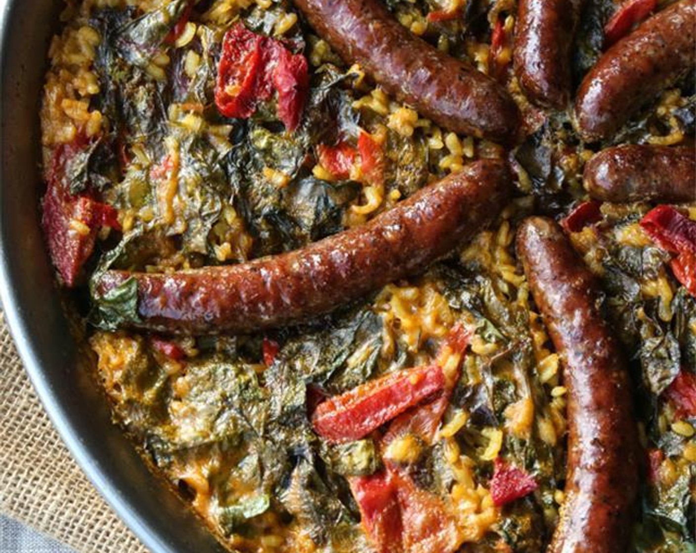 Spanish Paella with Saffron, Merguez, and Chard