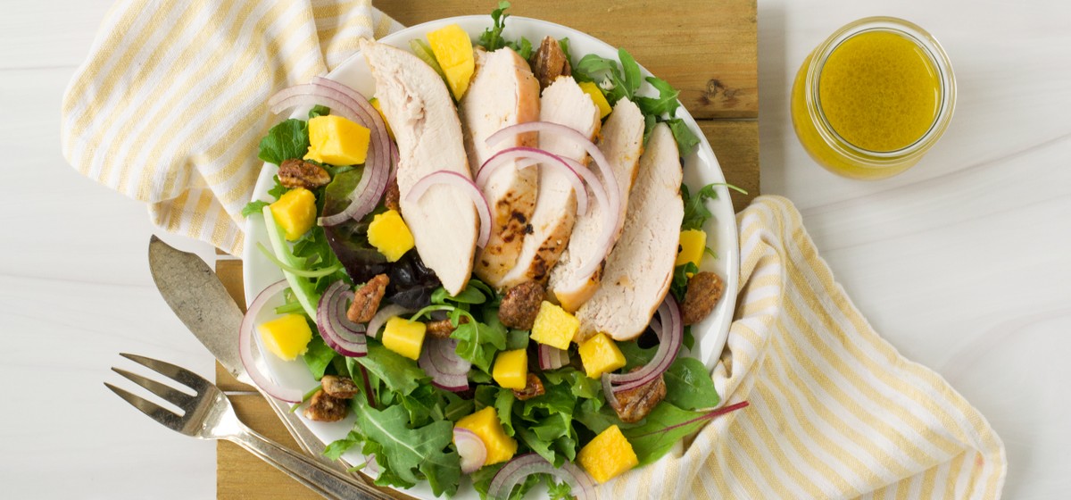 Peach-Mango Chicken Salad with Candied Pecans Recipe | SideChef