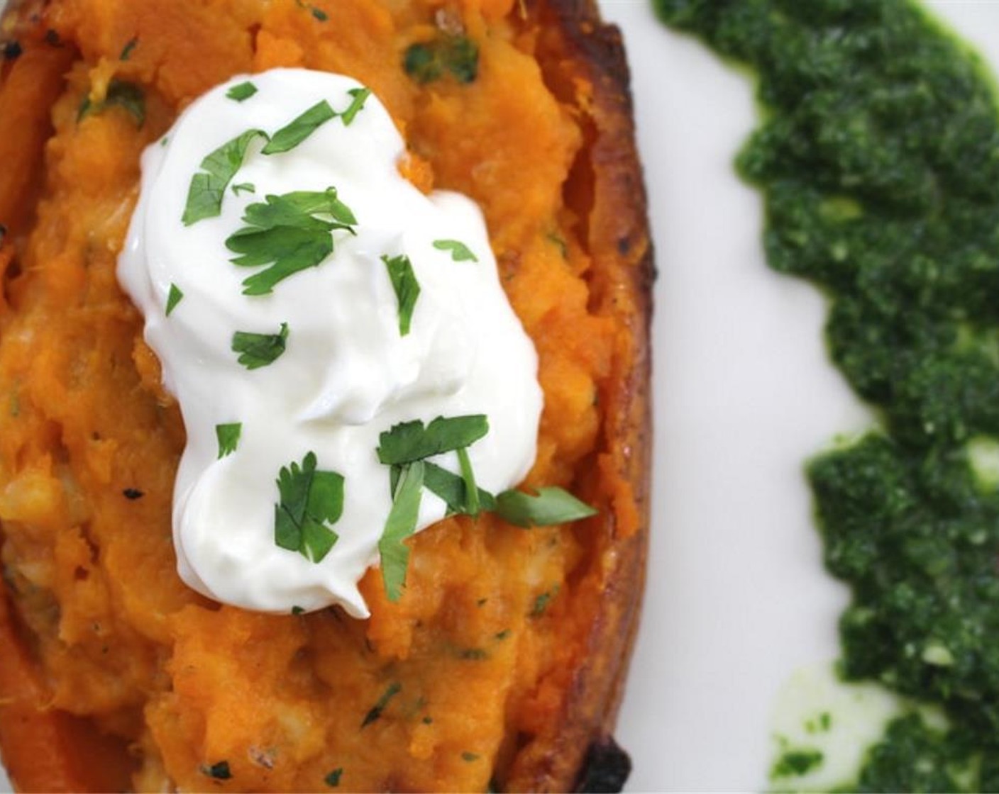 step 6 Serve topped with Greek Yogurt (to taste), Kale Pesto (to taste) and Fresh Cilantro (to taste).