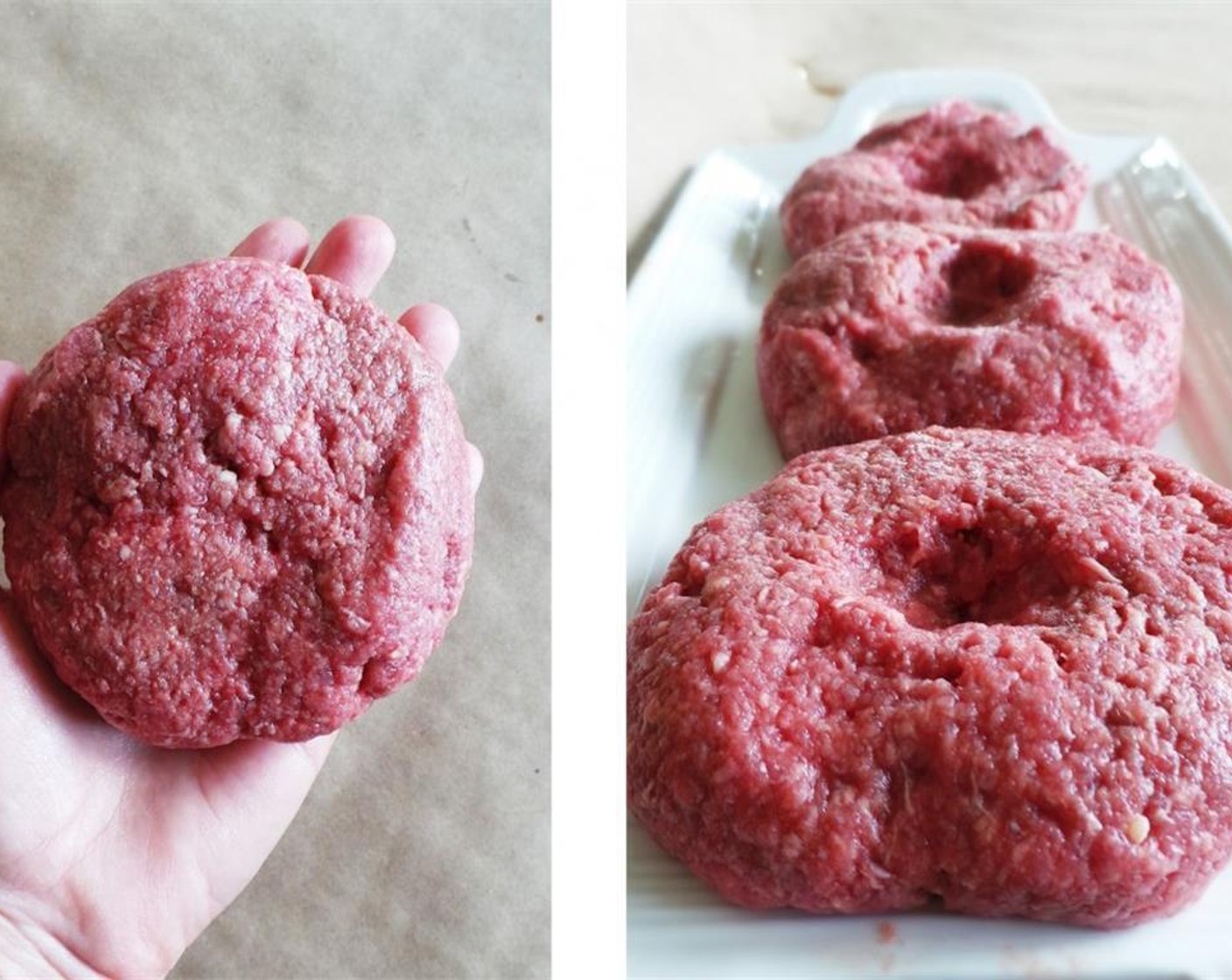 step 2 Divide the meat into four 6 oz. portions and shape into patties. I like to form with my palms and use my thumb to shape.