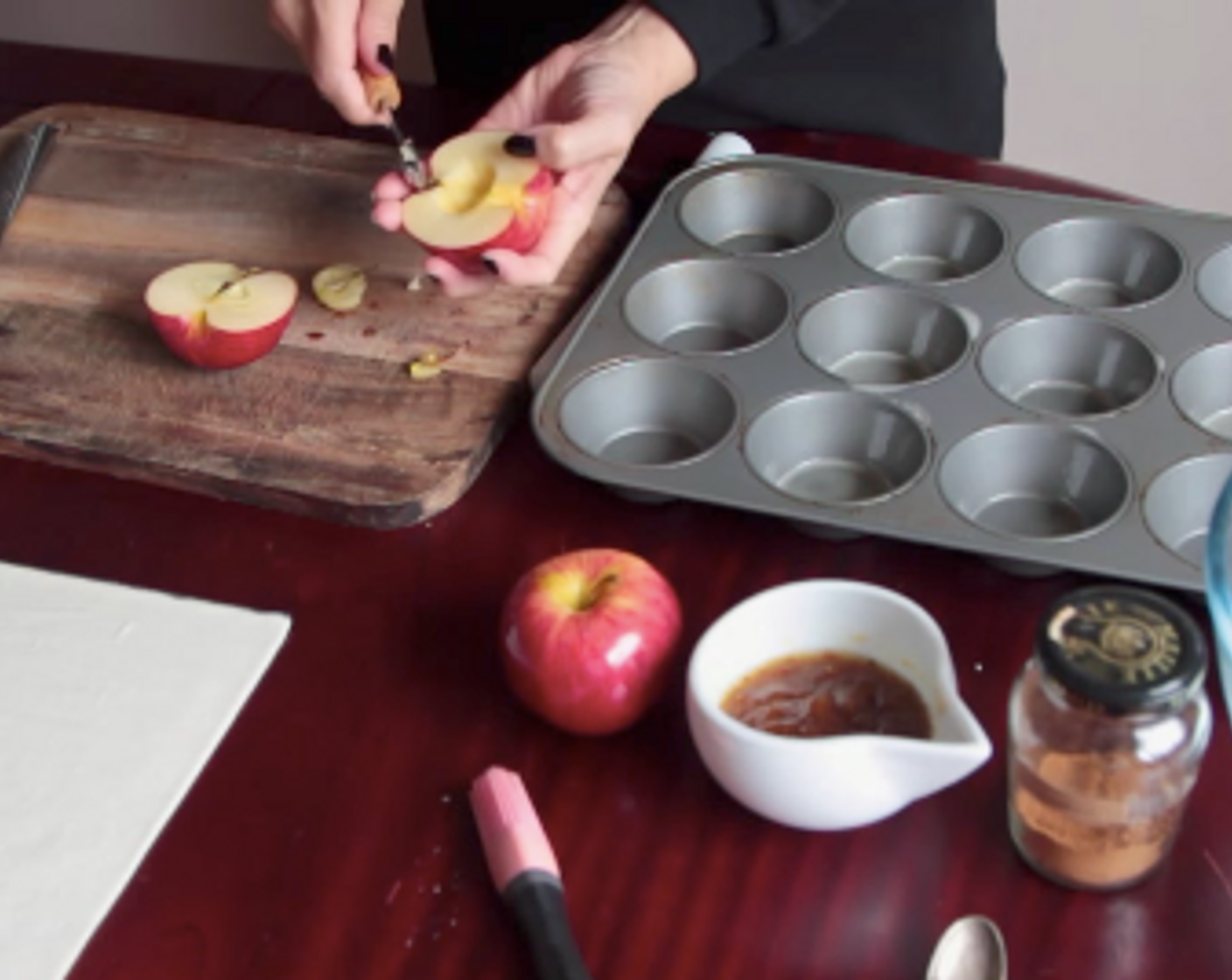 step 3 Cut the Red Apples (2) in half with skin on and core them with melon scoop and cut into thin slices, about 2 millimeters.