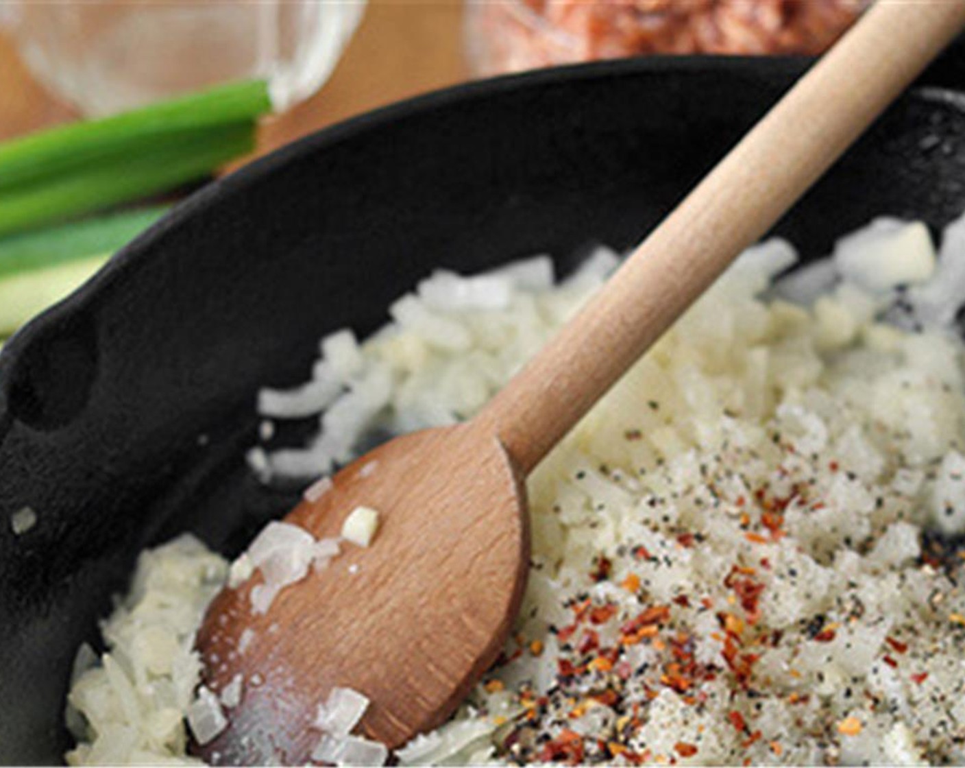 step 6 Season with Kosher Salt (1 tsp), Ground Black Pepper (1 tsp), and Crushed Red Pepper Flakes (1/2 tsp). Continue to cook for another 5 minutes, stirring occasionally, until just beginning to brown.