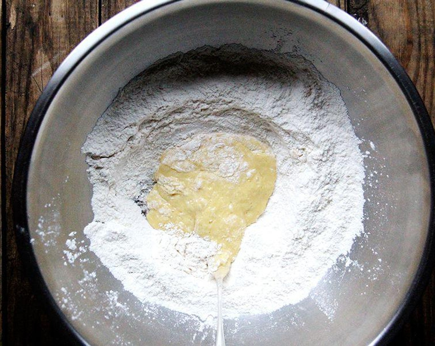 step 1 Whisk the All-Purpose Flour (2 1/2 cups), Granulated Sugar (2 Tbsp), Salt (1/2 Tbsp), Baking Powder (1 tsp), and Baking Soda (1 tsp) together in a large bowl. Add the Farmhouse Eggs® Large Brown Eggs (2) and beat with a fork till the eggs are whisked and incorporated into the surrounding flour, as if you were making pasta.