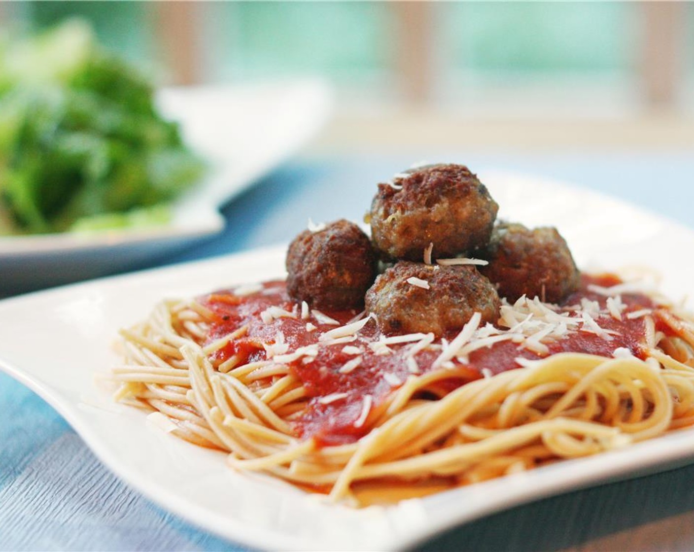 step 6 You can add the meatballs directly to the pasta sauce if you wish, but I prefer to place them on top of each plate of Spaghetti (to taste) and Pasta Sauce (to taste). Garnish with parmesan cheese if desired.