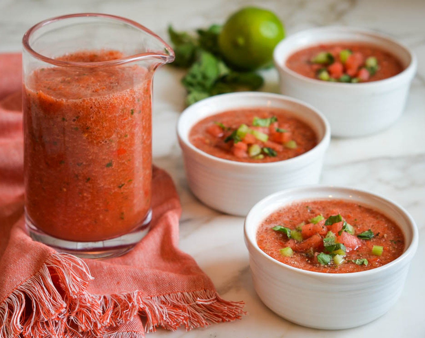 step 10 Finely chop the reserved watermelon, celery and basil. Pour the gazpacho into bowls or glasses and top with garnishes. Serve and enjoy!