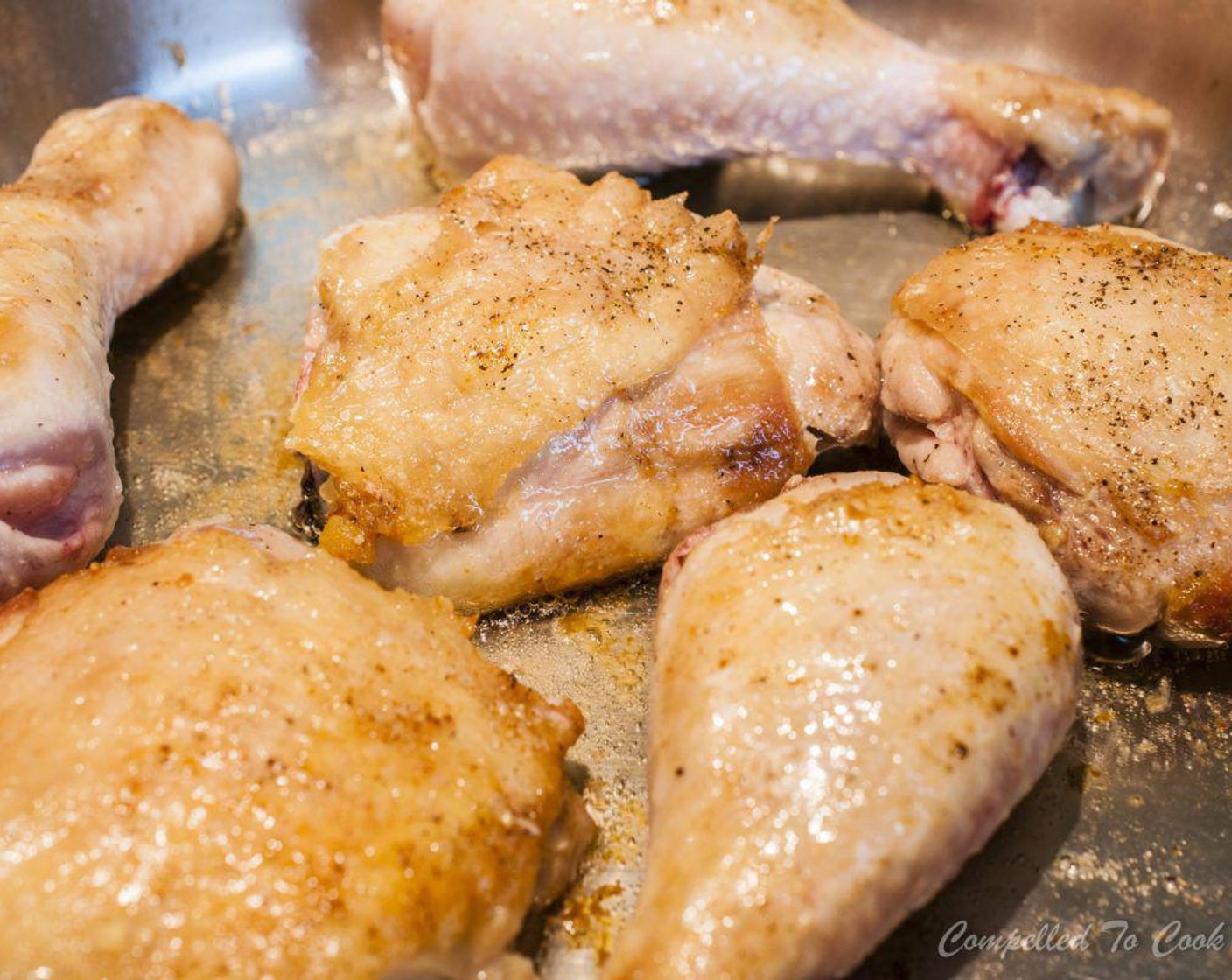 step 4 Once hot add chicken pieces and sear on all sides until nicely browned, approximately 12 minutes. Remove chicken and cover with foil. Remove all but 2 tablespoon of oil from skillet.
