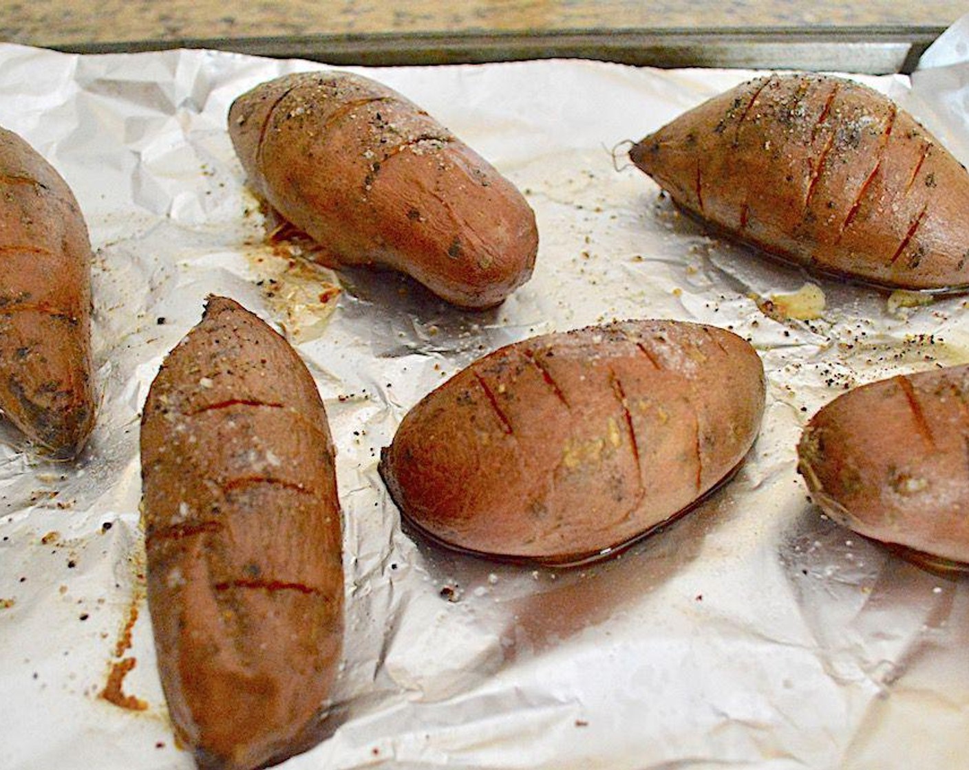 step 2 Slice the Sweet Potatoes (6) all over with a knife to ventilate them and allow the oil and seasoning to seep through. Then drizzle them all generously with Olive Oil (as needed) and sprinkle liberally with Salt (to taste) and Ground Black Pepper (to taste). Roast them until tender for about 40 minutes, then let them cool enough to handle.