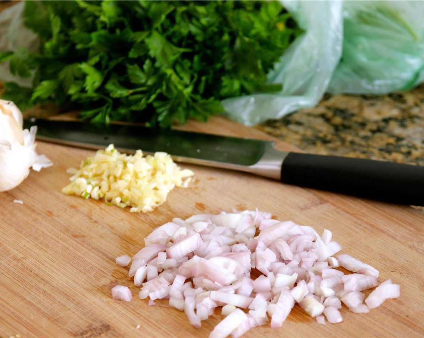 step 3 Mince the Garlic (1 clove) and Shallot (1).