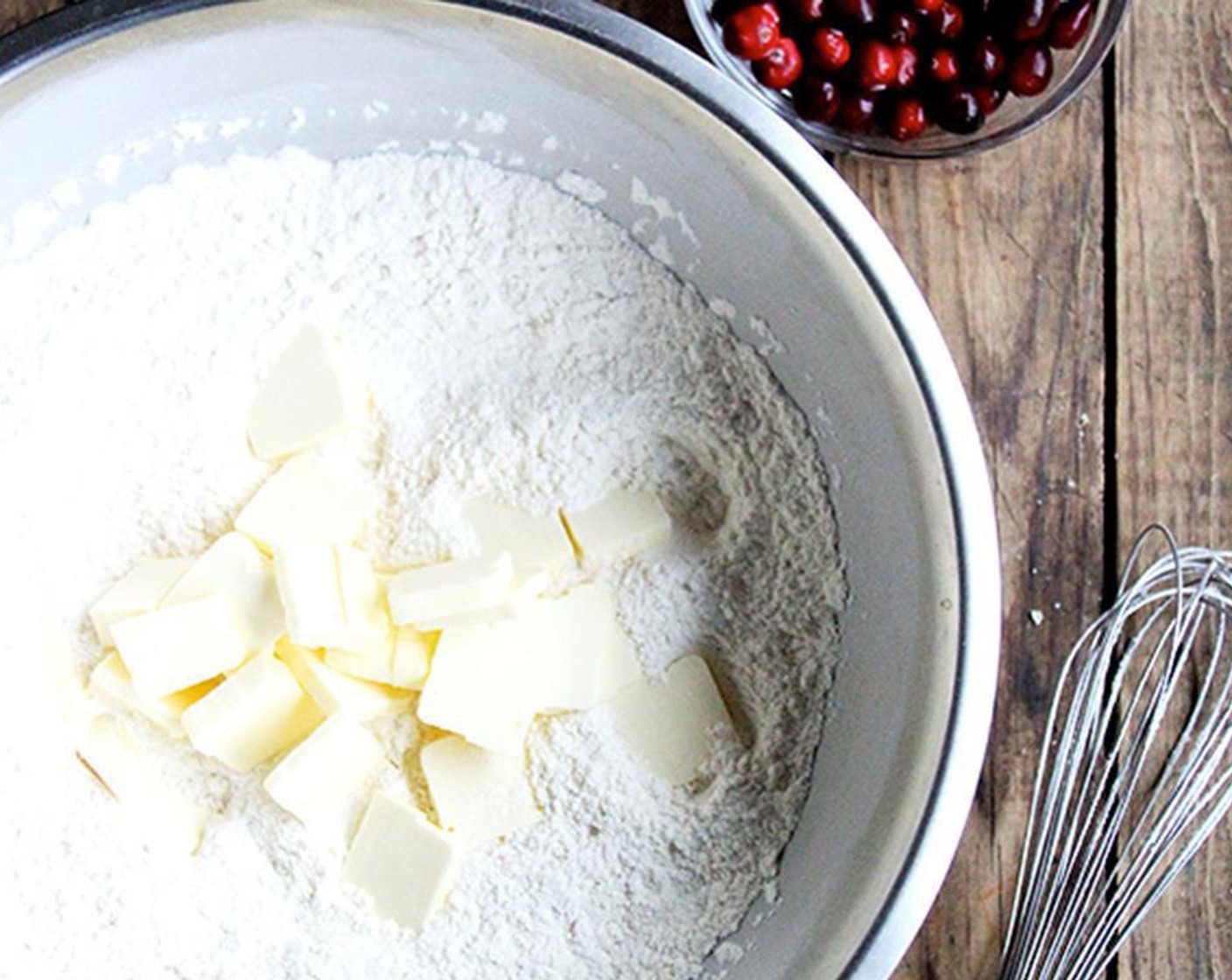 step 3 Whisk together All-Purpose Flour (4 3/4 cups), Granulated Sugar (1/2 cup), Baking Powder (1 Tbsp), Baking Soda (1/2 tsp), Salt (1 tsp) and 1 tsp zest of Orange (1). Add the cranberries and toss to combine. Cut the Unsalted Butter (1 cup) (plus 1 Tbsp) into 1/2-inch cubes and add to the flour.