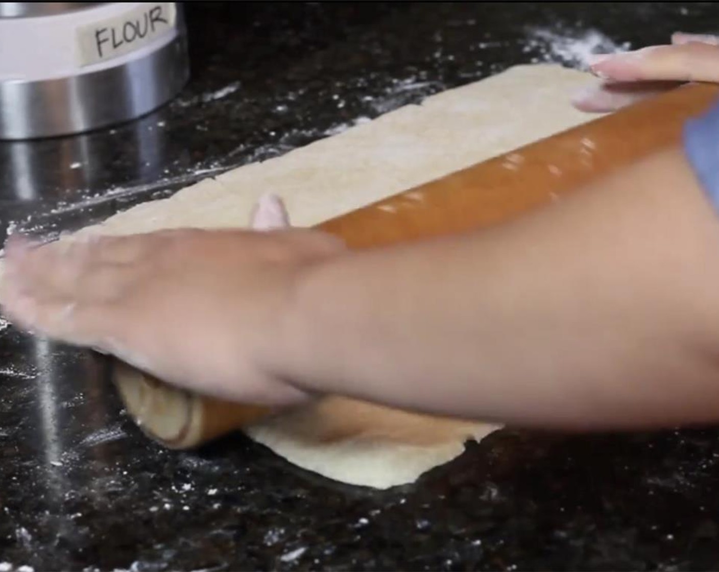 step 7 Preheat the oven to 400 degrees F (200 degrees C). Line a sheet pan with parchment paper. On a floured surface, roll the dough into a rectangular shape, as best as you can, until it is about ¼-inch thick.