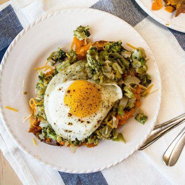 Broccoli Cheese Sweet Potatoes with Fried Egg Recipe | SideChef