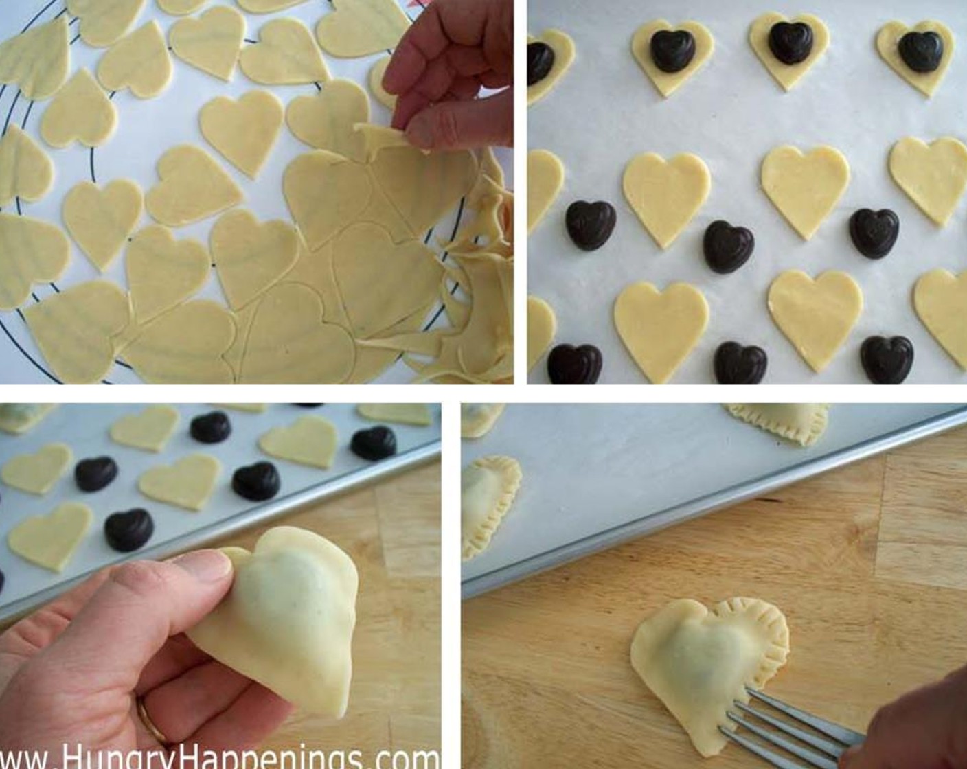 step 6 Top each with one large dough heart, pinching the edges together to seal well. Use a fork to crimp all around the edges of each heart ravioli. Brush the top of the heart with egg wash.