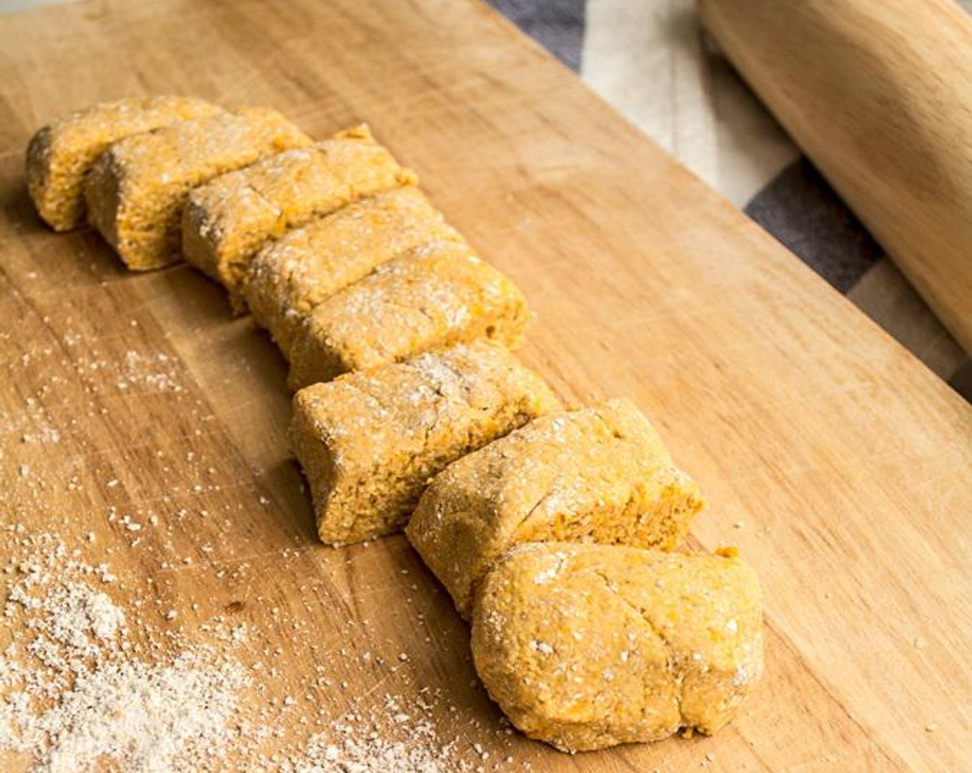 step 3 Add Oat Flour (1 cup), mashed sweet potatoes, and Sea Salt (1 tsp) to medium bowl and mix to form a sticky dough. Sprinkle bread board or clean surface with additional oat flour and divide dough into 8 equal pieces.