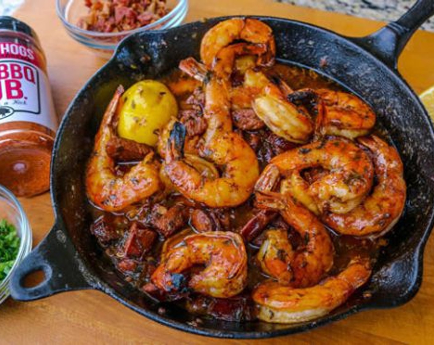 step 8 Spoon the grits onto a large plate or platter and ladle the shrimp and sauce over the top. Garnish with Scallions (to taste) and Bacon (6 slices).