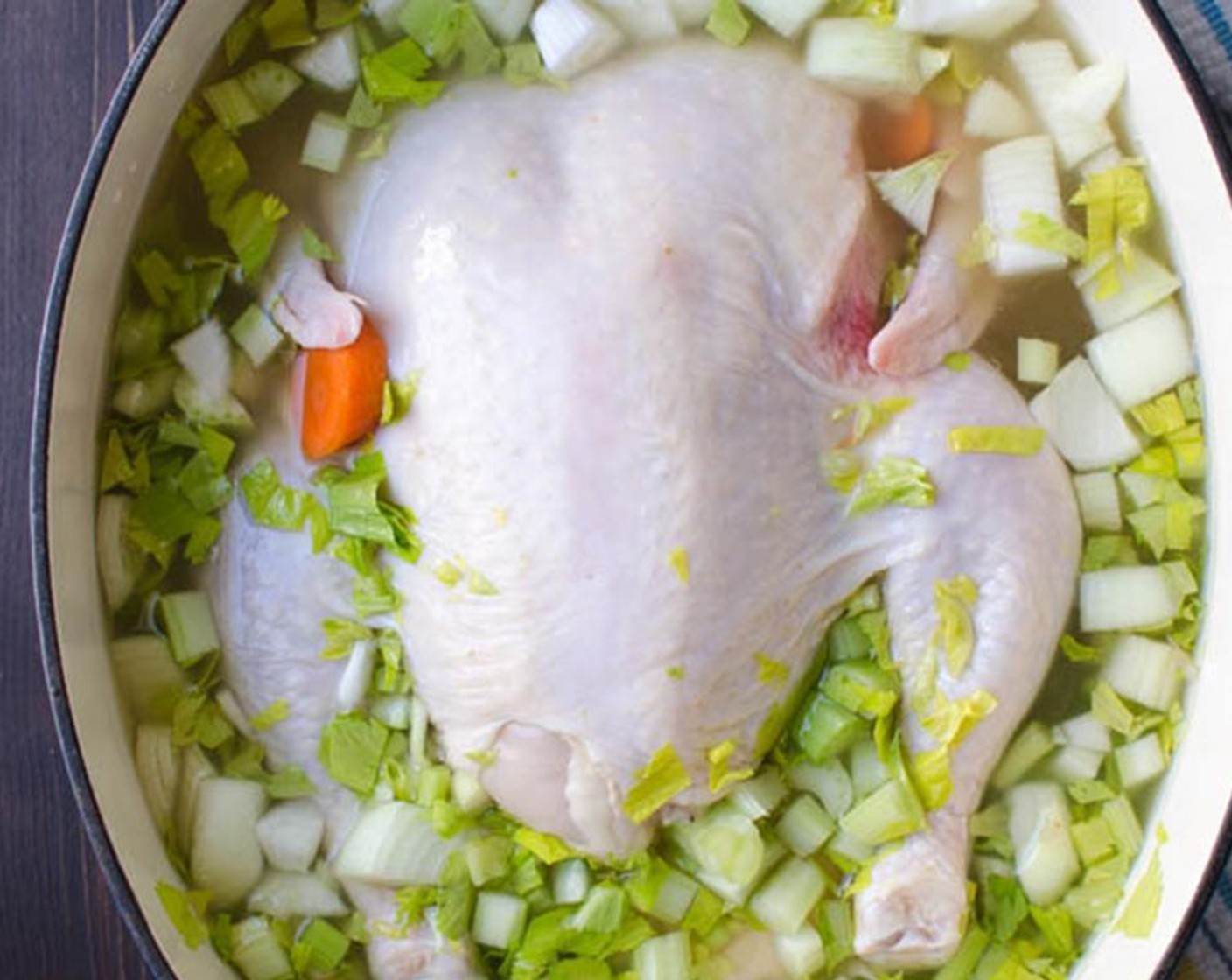 step 2 Add the diced Celery (3 stalks), diced Onion (1) and peeled and diced Carrots (3). Cover with Low-Sodium Chicken Broth (4 cups) and Water (2 cups), cover and bring to a boil.