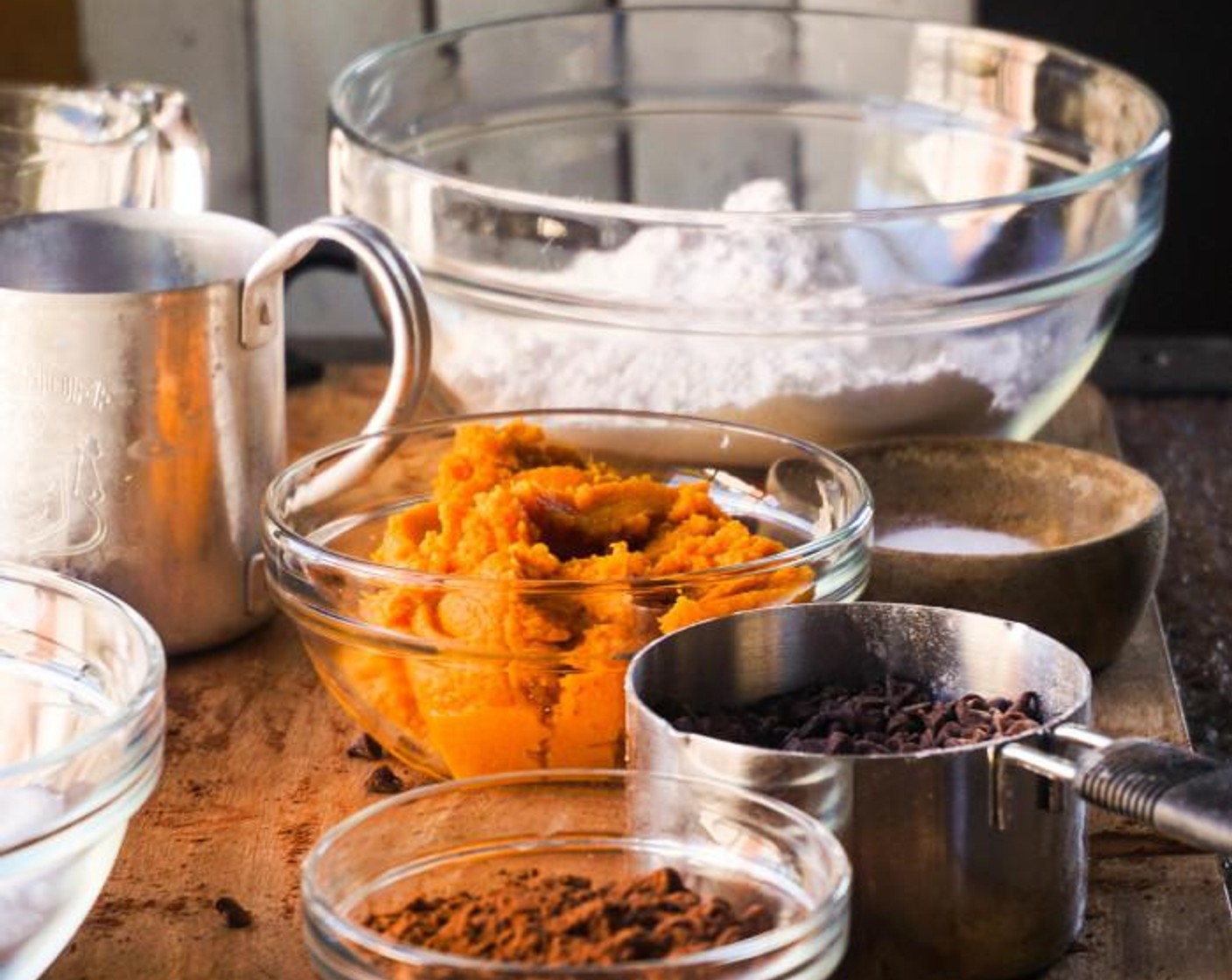 step 2 Add the Cream Cheese (1 cup) - softened to the bowl of an electric mixer fitted with the paddle attachment. Cream until smooth. Add the Granulated Sugar (1/3 cup), Egg (1),  Vanilla Extract (1/2 tsp), Canned Pumpkin Purée (1/2 cup), and cream until smooth. Fold in the Mini Chocolate Chips (1/4 cup).