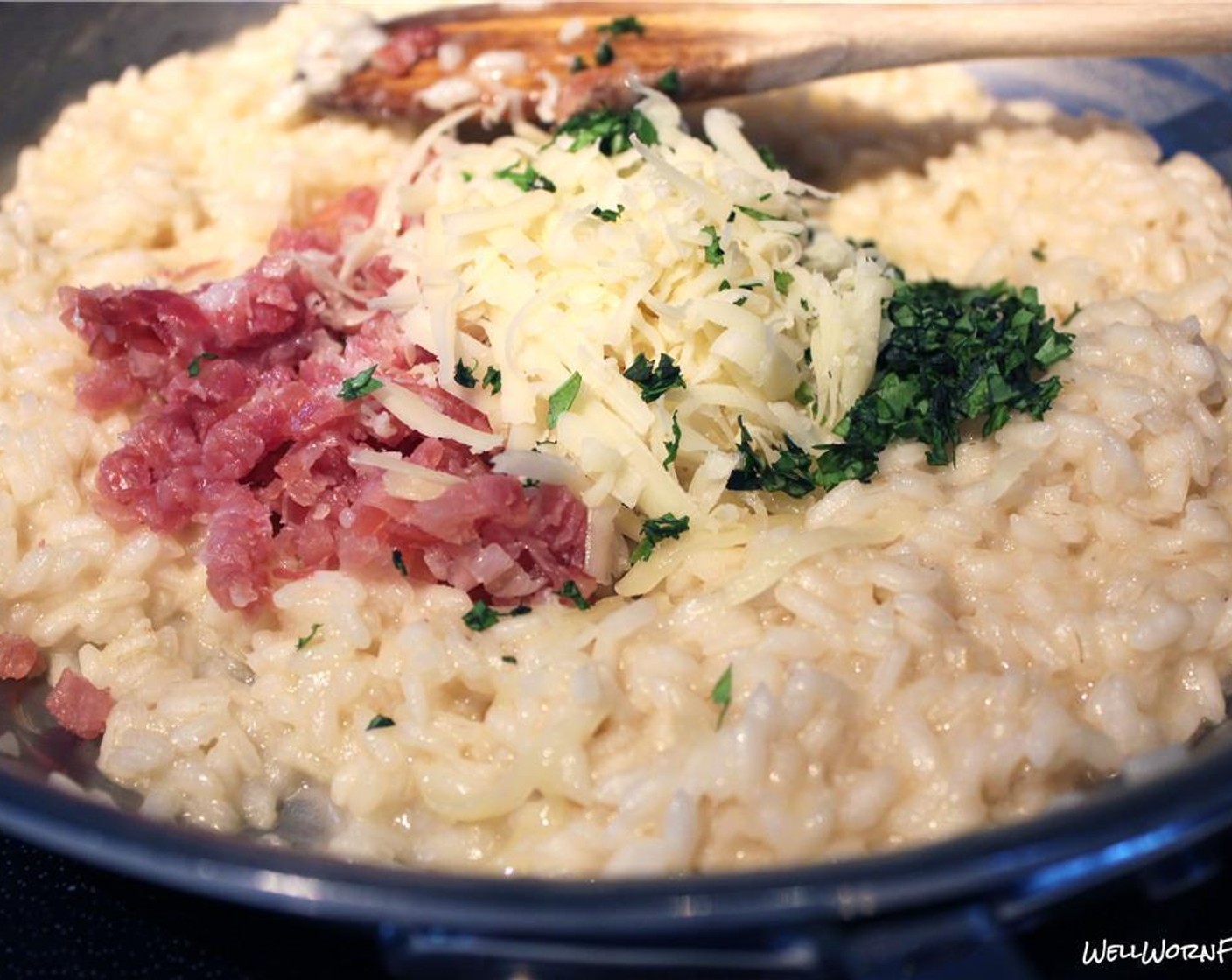 step 4 Add the Gruyère Cheese (3/4 cup), Prosciutto (6 slices), and Fresh Basil (1 Tbsp) to the rice and taste for seasoning. Add Salt (to taste) and Ground Black Pepper (to taste).