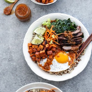 Quinoa, Miso Sweet Potatoes and Spicy Tomatillo Sauce Bibimbap Recipe | SideChef