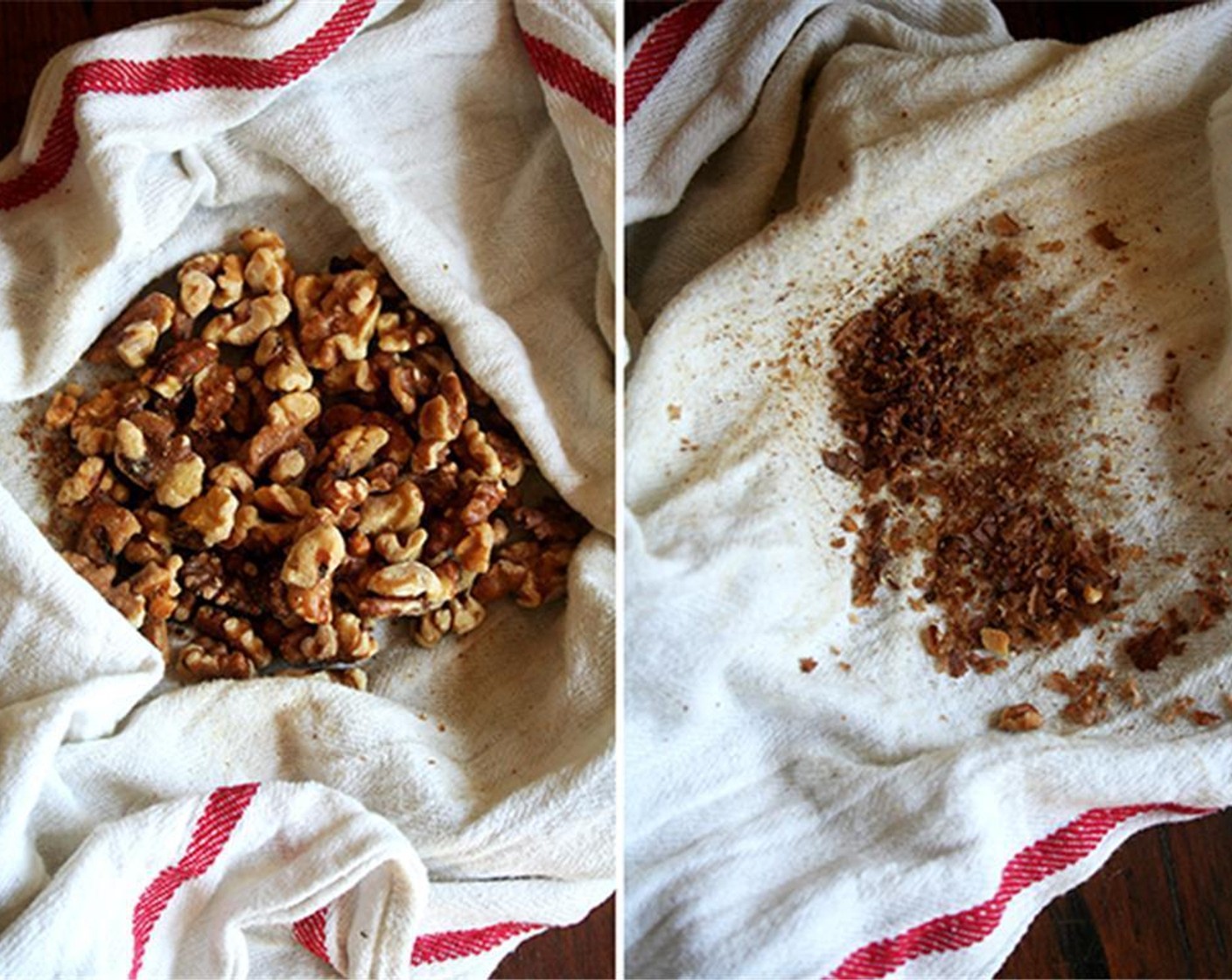 step 2 Pour the nuts into a tea towel and rub well to remove as much skin as possible. Chop the walnuts coarsely and toss in a sieve to remove any remaining skin or dust.