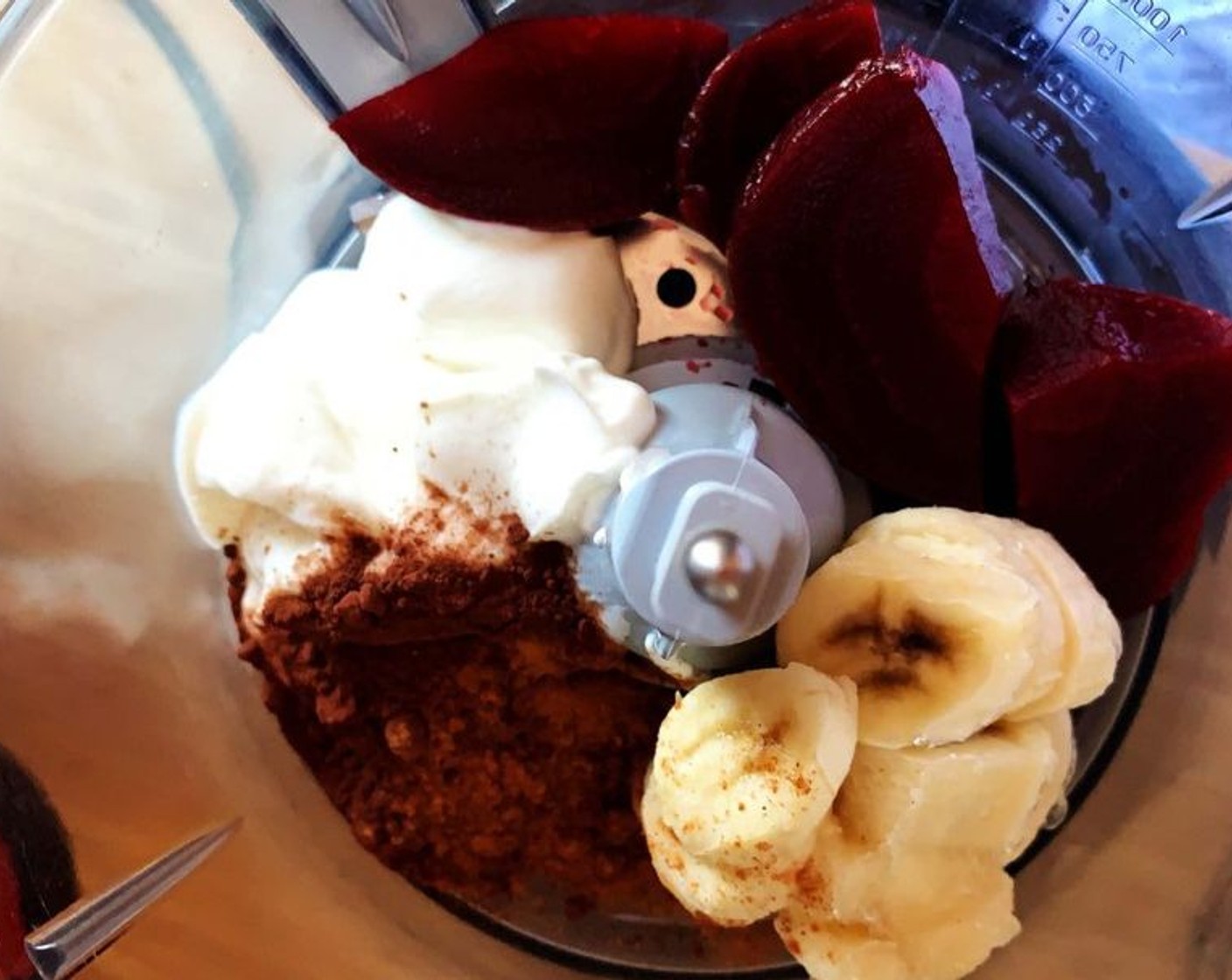 step 1 Place the Beet (1), Unsweetened Cocoa Powder (1 Tbsp), Soy Yogurt (2/3 cup), Banana (1/2), and Maple Syrup (1 tsp) in a blender.