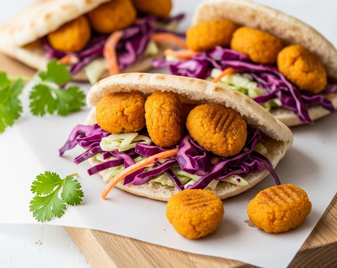 step 8 Serve the baked sweet potato falafel with the coleslaw on toasted Pita Bread (4 pieces).