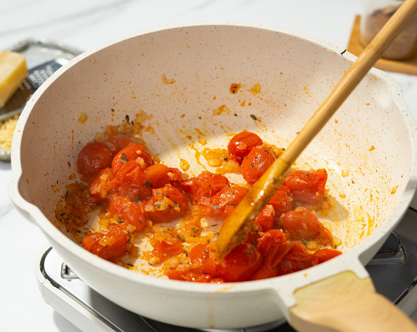 step 3 Add the Cherry Tomatoes (3 cups) and Fresh Thyme (1 Tbsp). Cook over medium-high heat until the tomatoes are browned and bursting, 8-10 minutes.