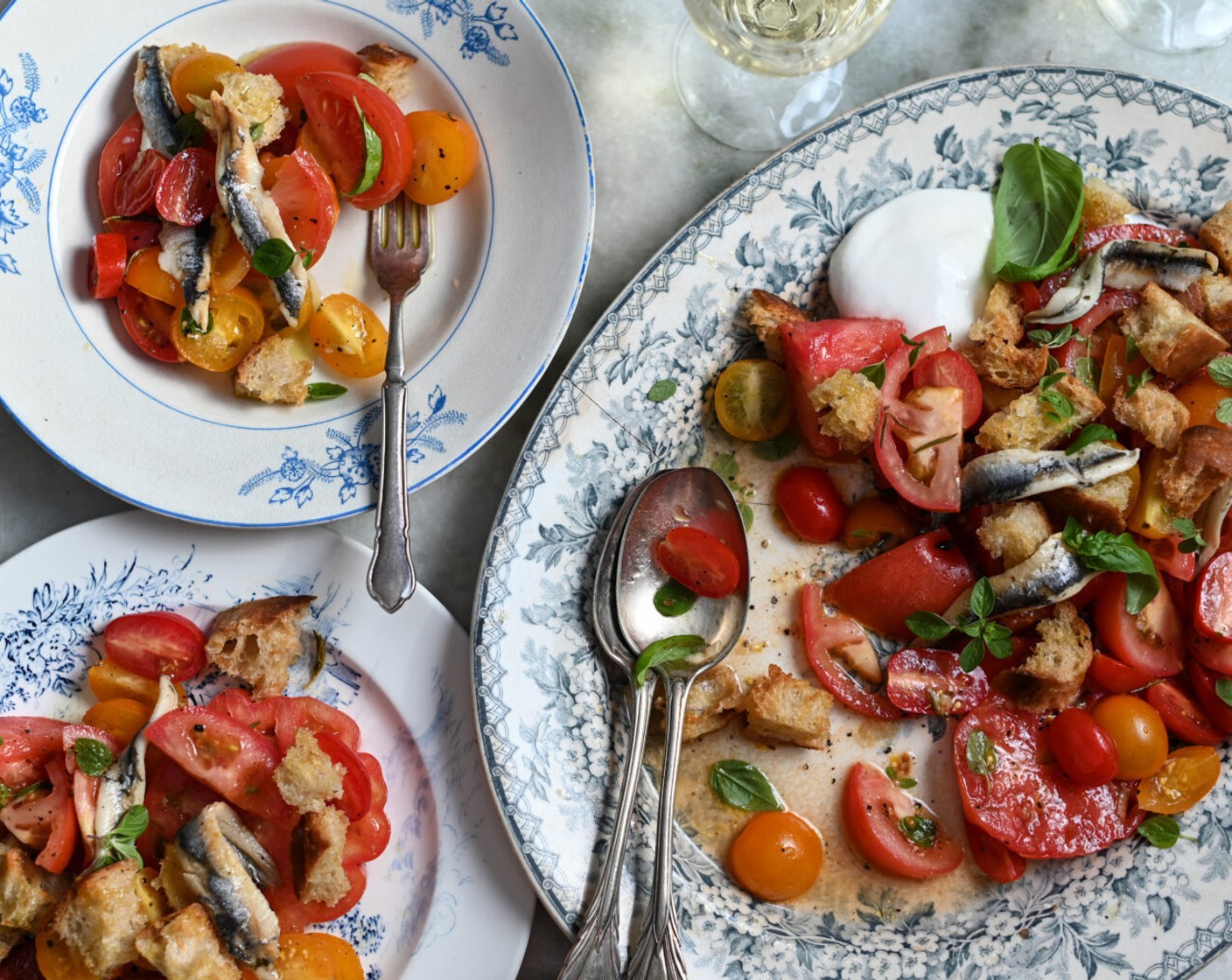 Panzanella Salad with White Anchovies and Burrata