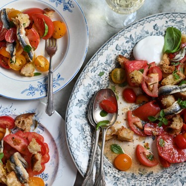 Panzanella Salad with White Anchovies and Burrata Recipe | SideChef