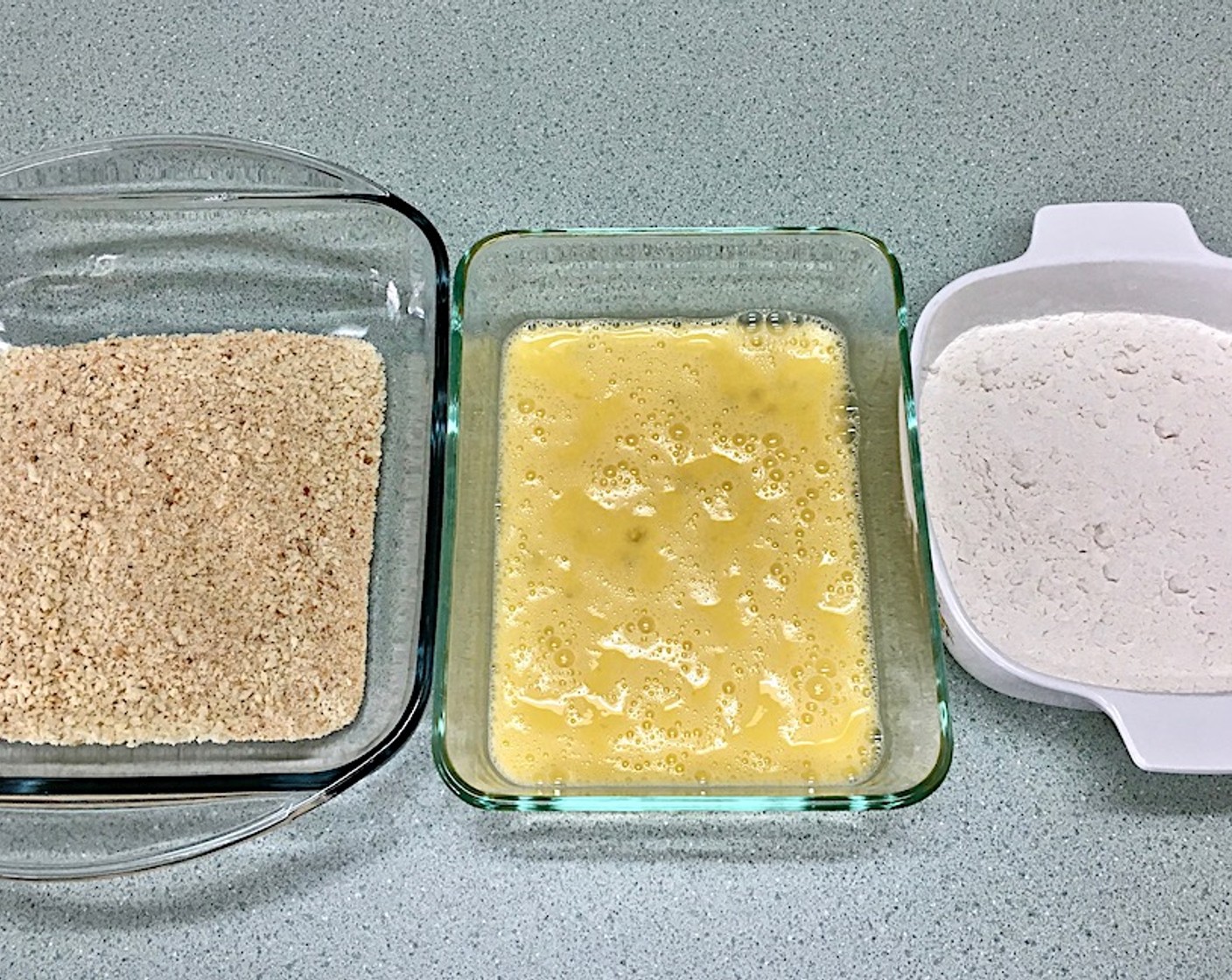 step 15 To bread and fry the croquetas: Add All-Purpose Flour (1 1/4 cups) in a shallow bowl. Beat Eggs (3) in a small bowl and in a third bowl mix Breadcrumbs (3/4 cup) and Panko Breadcrumbs (3/4 cup) together.