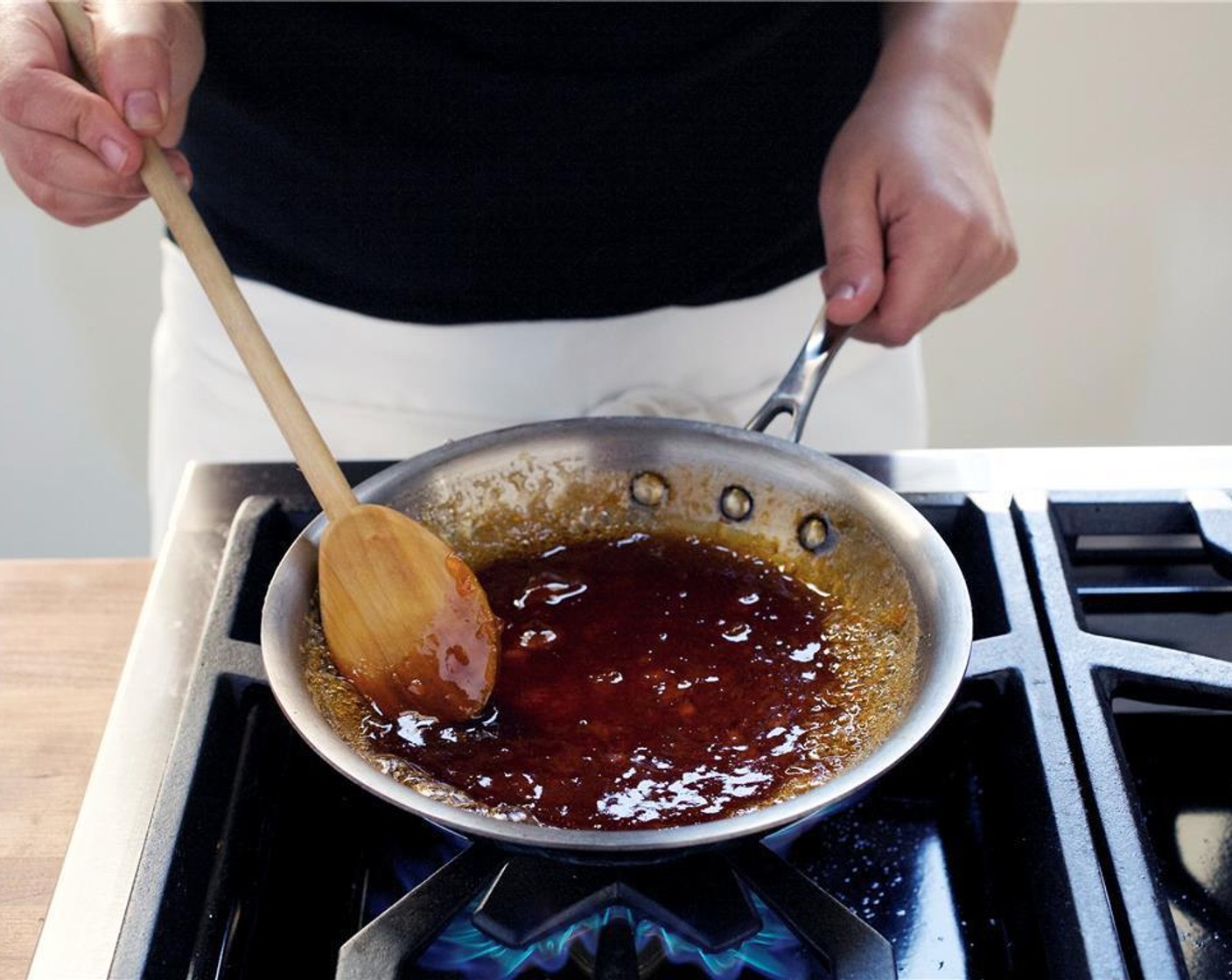 step 4 In a small saute pan over medium high heat, bring Tamari Soy Sauce (1 Tbsp) and Apricot Preserves (1/3 cup) to a boil. Reduce for three minutes until slightly thickened. Remove from heat and set aside.