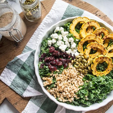 Kale Salad with Roasted Delicata Squash and Pearl Barley Recipe | SideChef