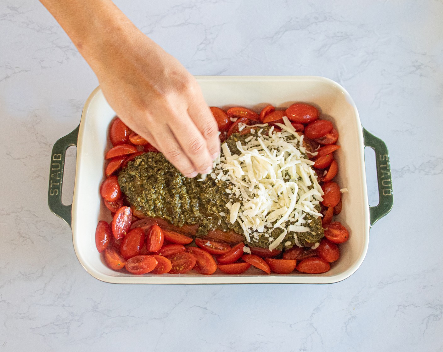 step 6 Top with Shredded Mozzarella Cheese (1 cup) and sprinkle Fresh Basil (2 Tbsp), if desired.