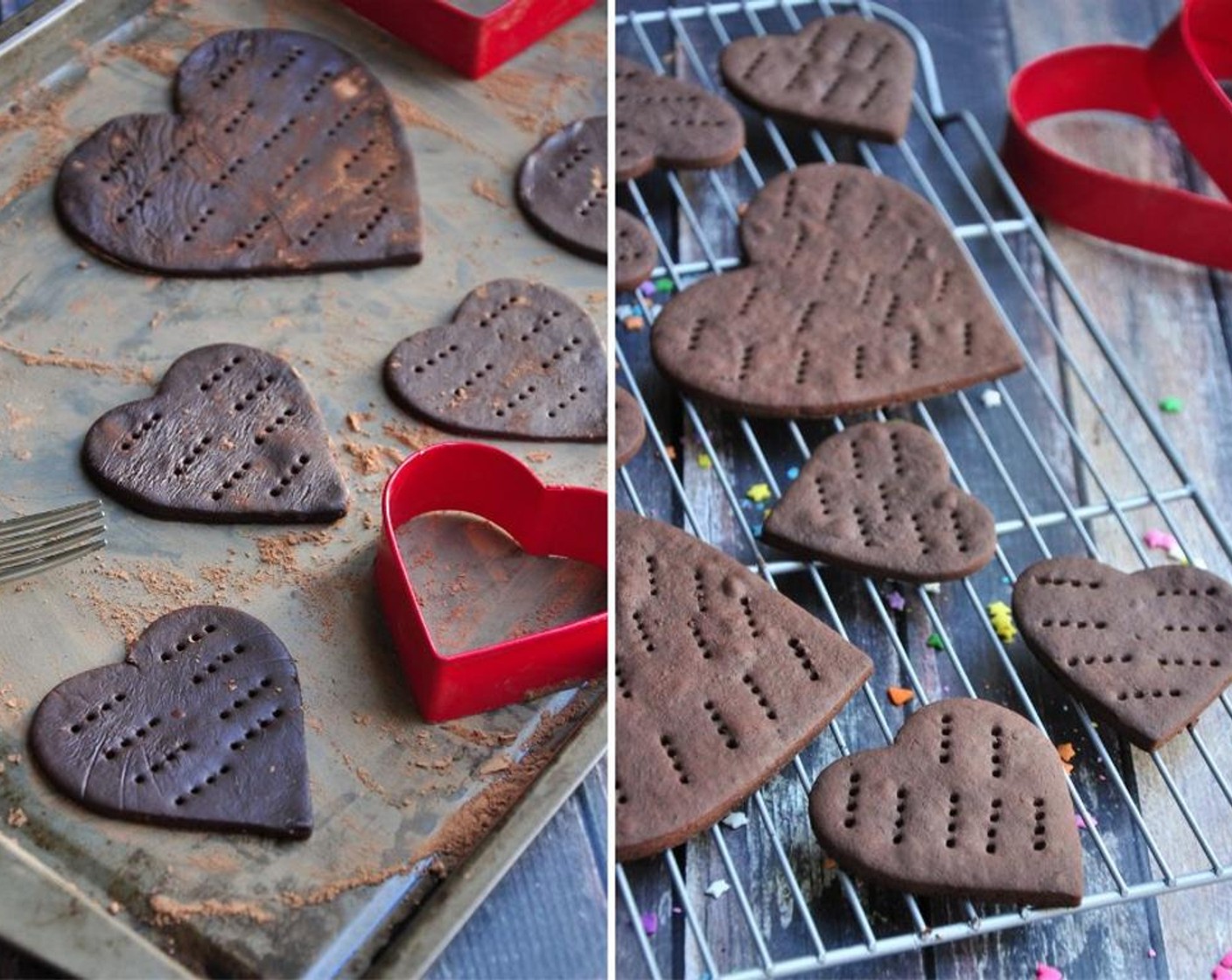 step 8 Dust a large surface and a rolling pin with cocoa powder. Roll out one of the cookie dough to 1/4-inch thickness. Use a 2.5-inch heart-shaped cookie cutter to cut out cookies. Transfer to baking sheet. Set cookies 1 inch apart from each other. Do the same with the other dough.