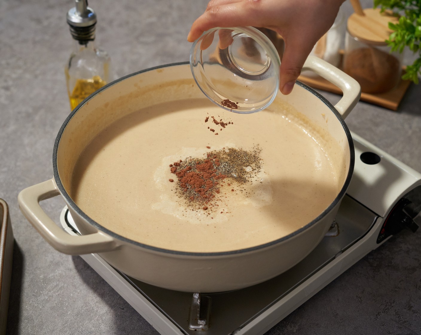 step 6 Add Heavy Cream (1/2 cup) and mix well combined. Cook over medium-low heat for 2-3 minutes more. Then season with Salt (1/4 tsp), Ground Black Pepper (1/2 tsp), and Ground Nutmeg (1/4 tsp). Stir to combine.