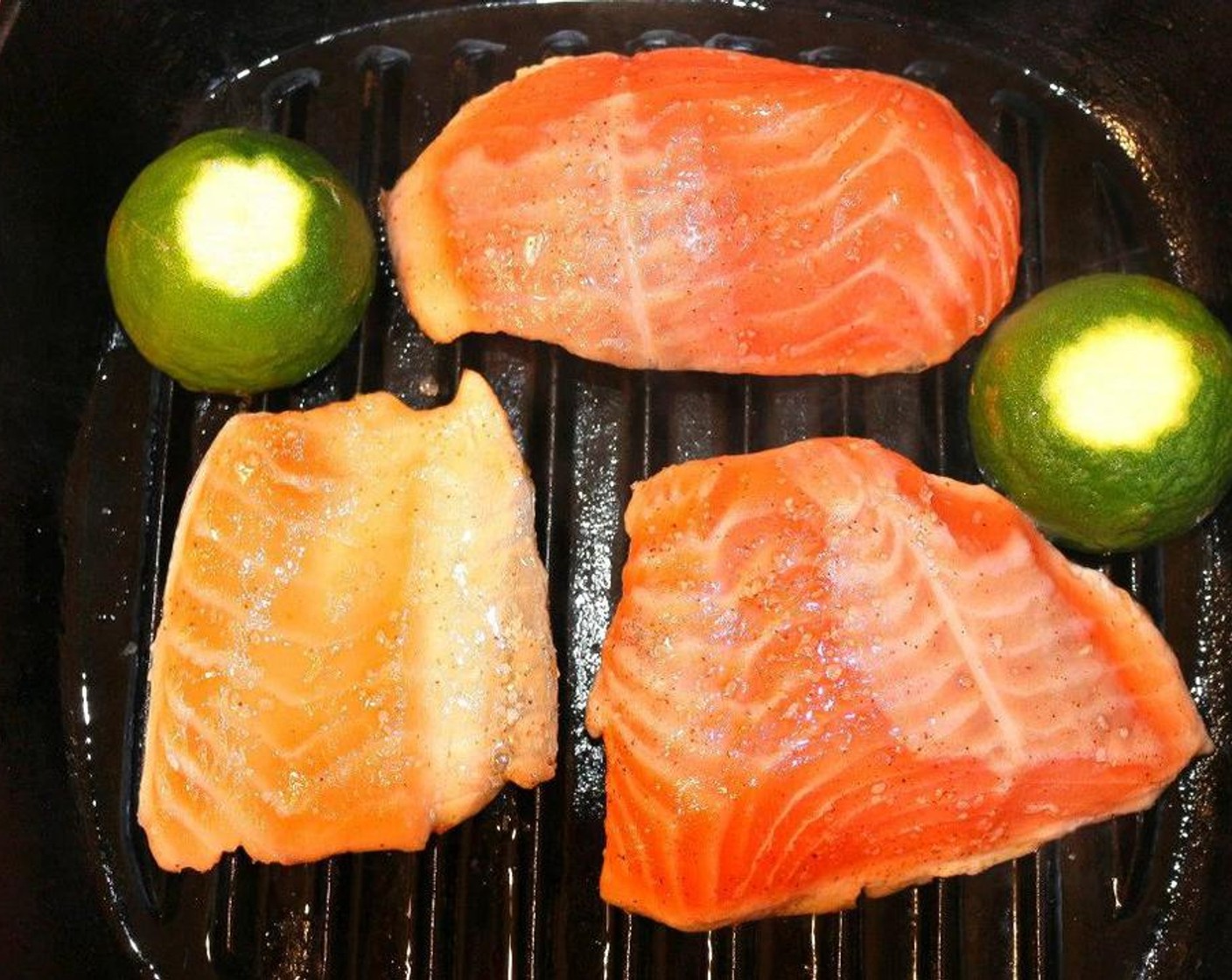 step 2 Season Salmon Fillets (3) with Kosher Salt (to taste), Cayenne Pepper (to taste), Lime Juice (to taste) and brush with Olive Oil (as needed).